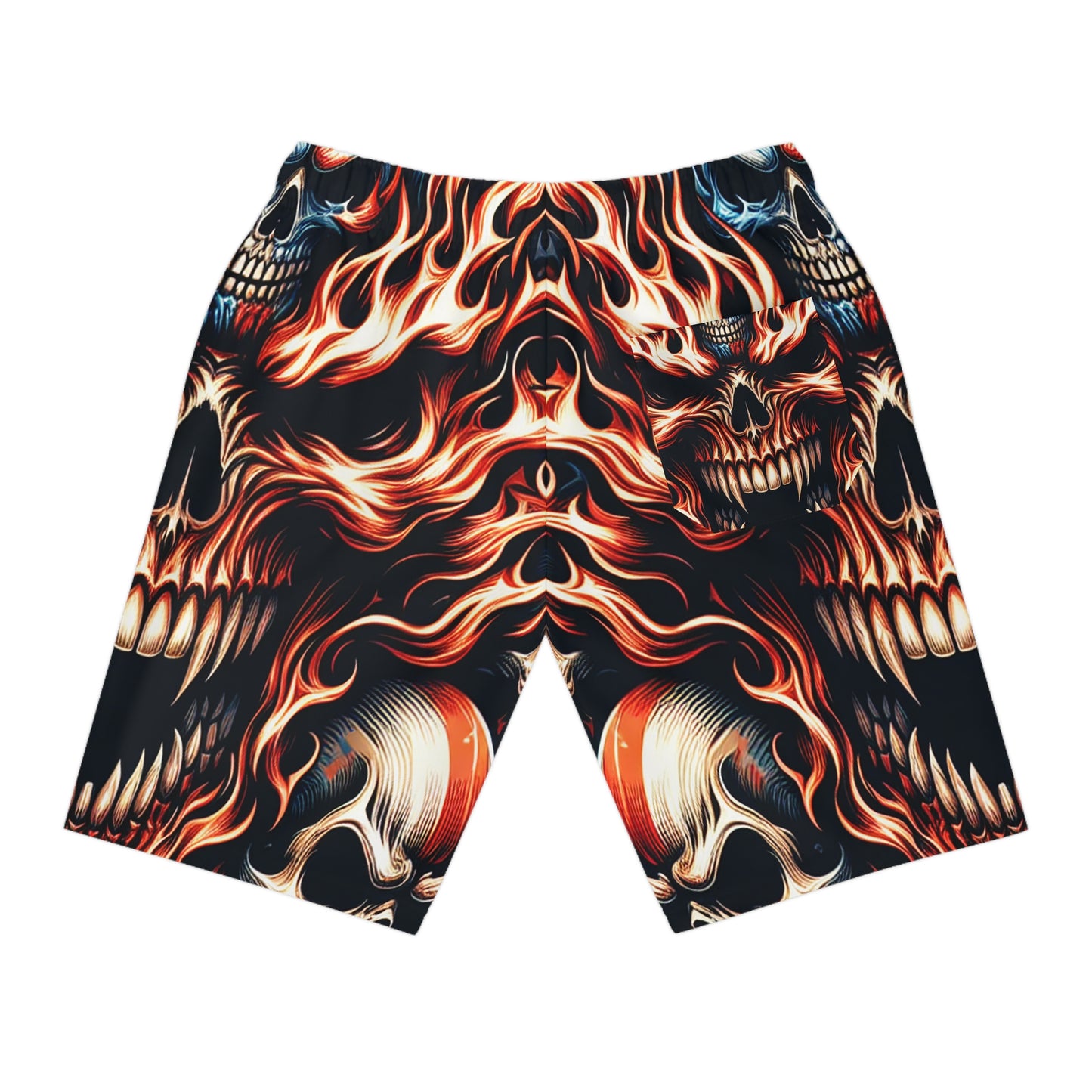 Inferno Patriot: Fiery Skulls on American Flag Motif Shorts - Patriotic Streetwear Shorts