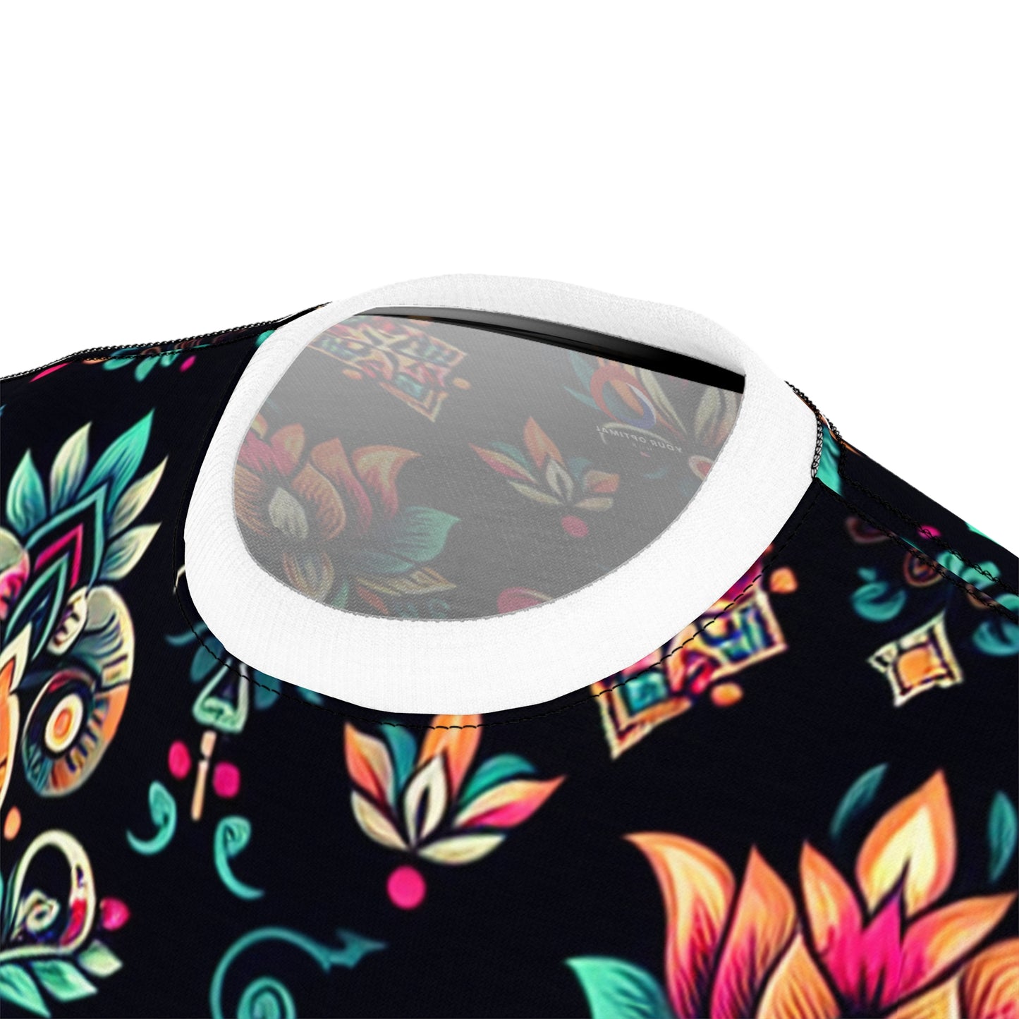 UV-Reactive Bioluminescent Bohemian T-Shirt featuring Scattered Neon Indian Motifs on Black Background