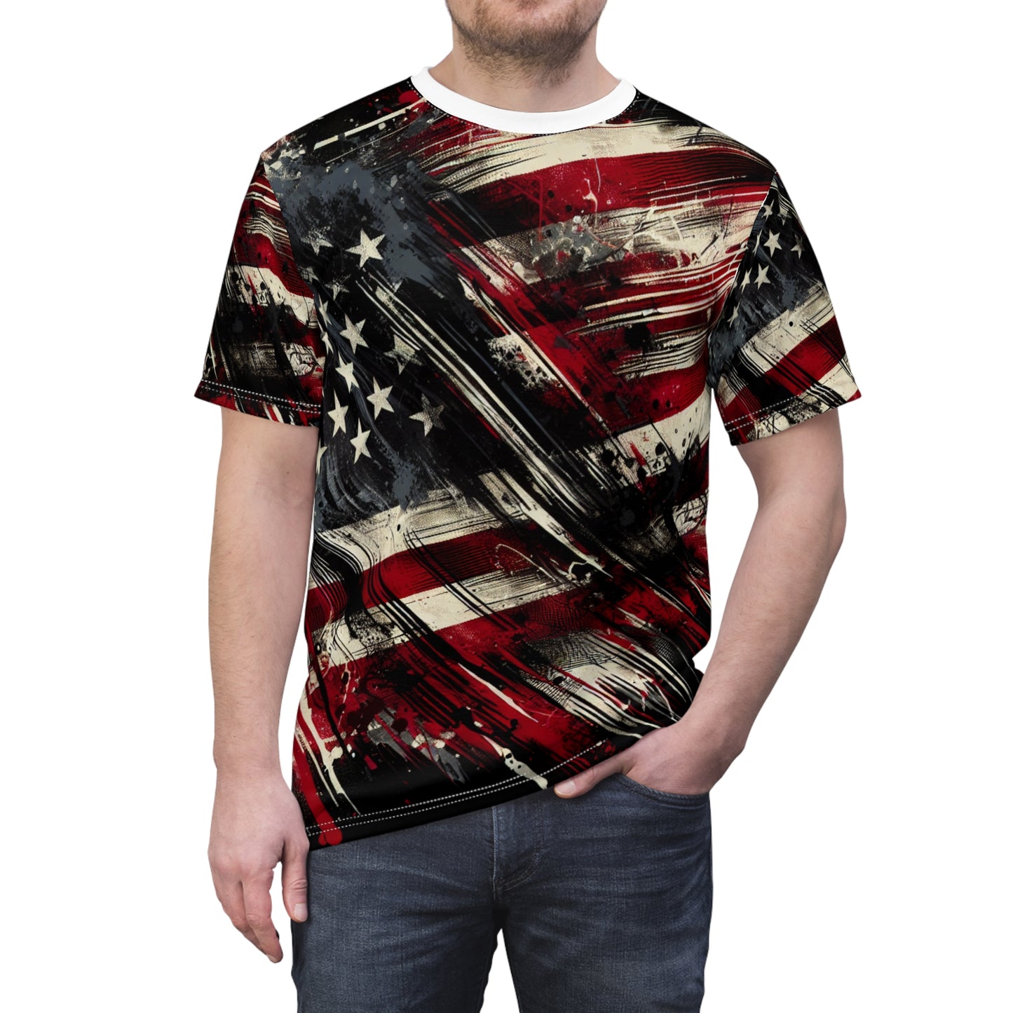 Grunge Streetwear Tribute: Distressed American Flag Graffiti Graphic T-Shirt - Bold Urban Patriotism Design - Patriotic Streetwear Tee
