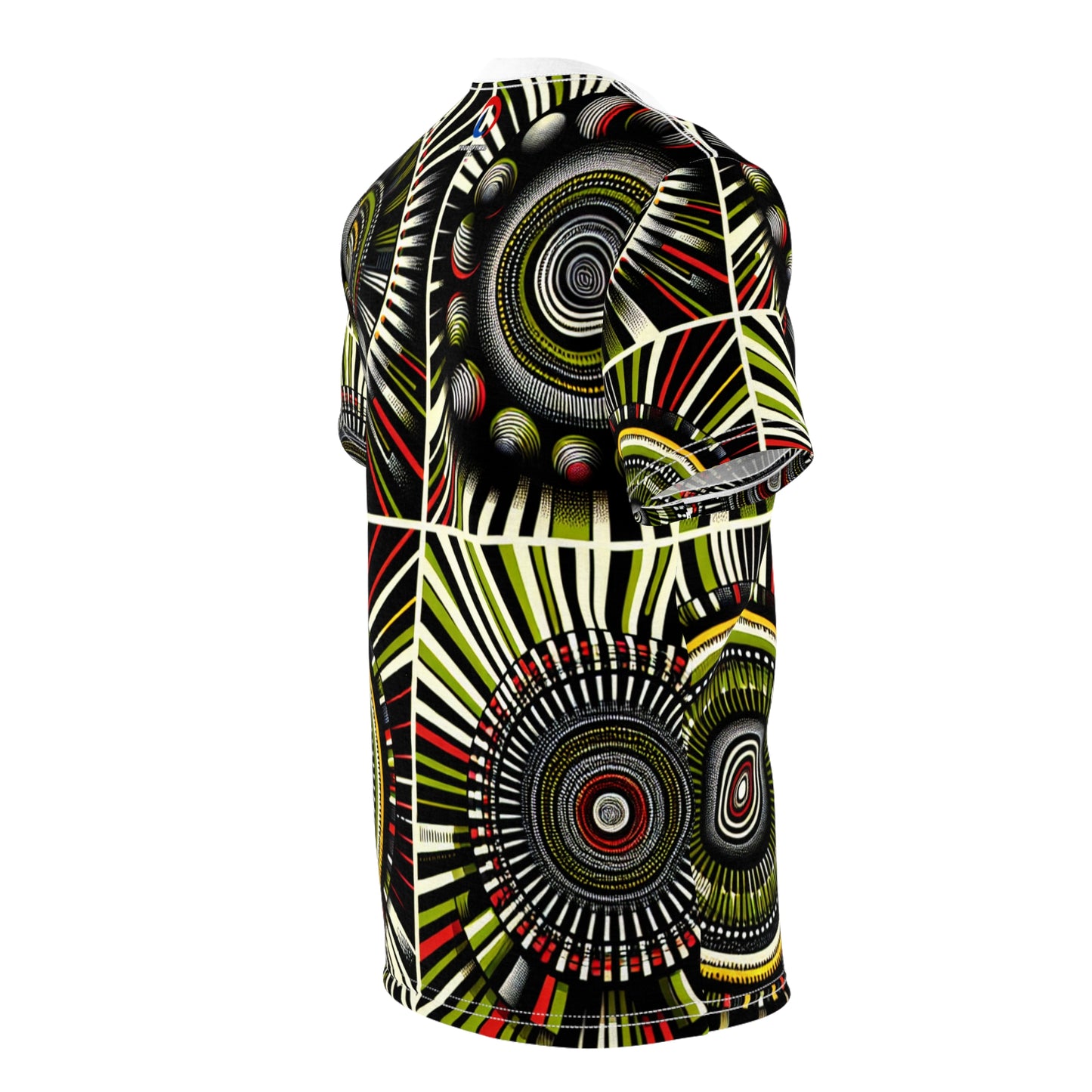 African Rhythm Dance T-Shirt: Vibrant Drum-Centric Celebration in Green & Red - African Tribal Pattern-Inspired Tee