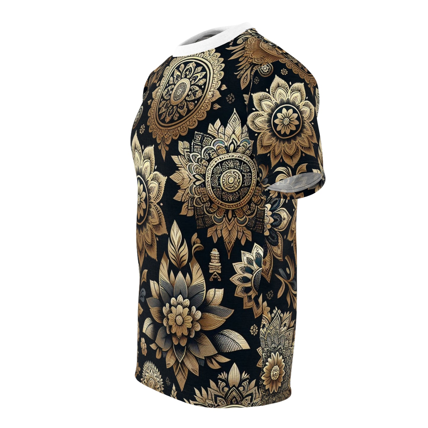Gold on Black Indian Pattern Tee – Reflective Floral & Geometric Motif Design Shirt