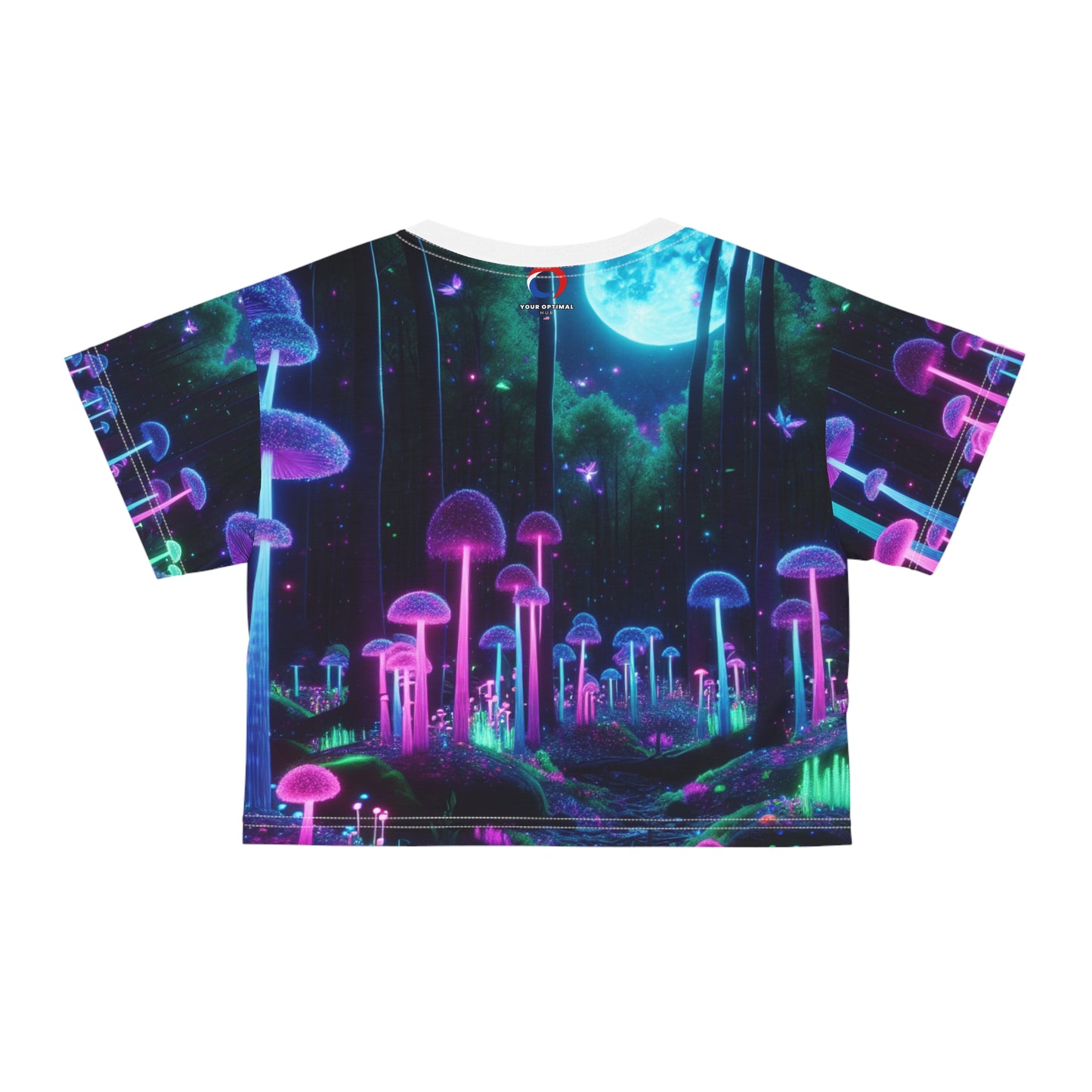Magical Blacklight-reactive Crop Tee: Moonlit Forest and Neon Mushrooms, UV-glow Plant Life - Women's Blacklight-Reactive Tee