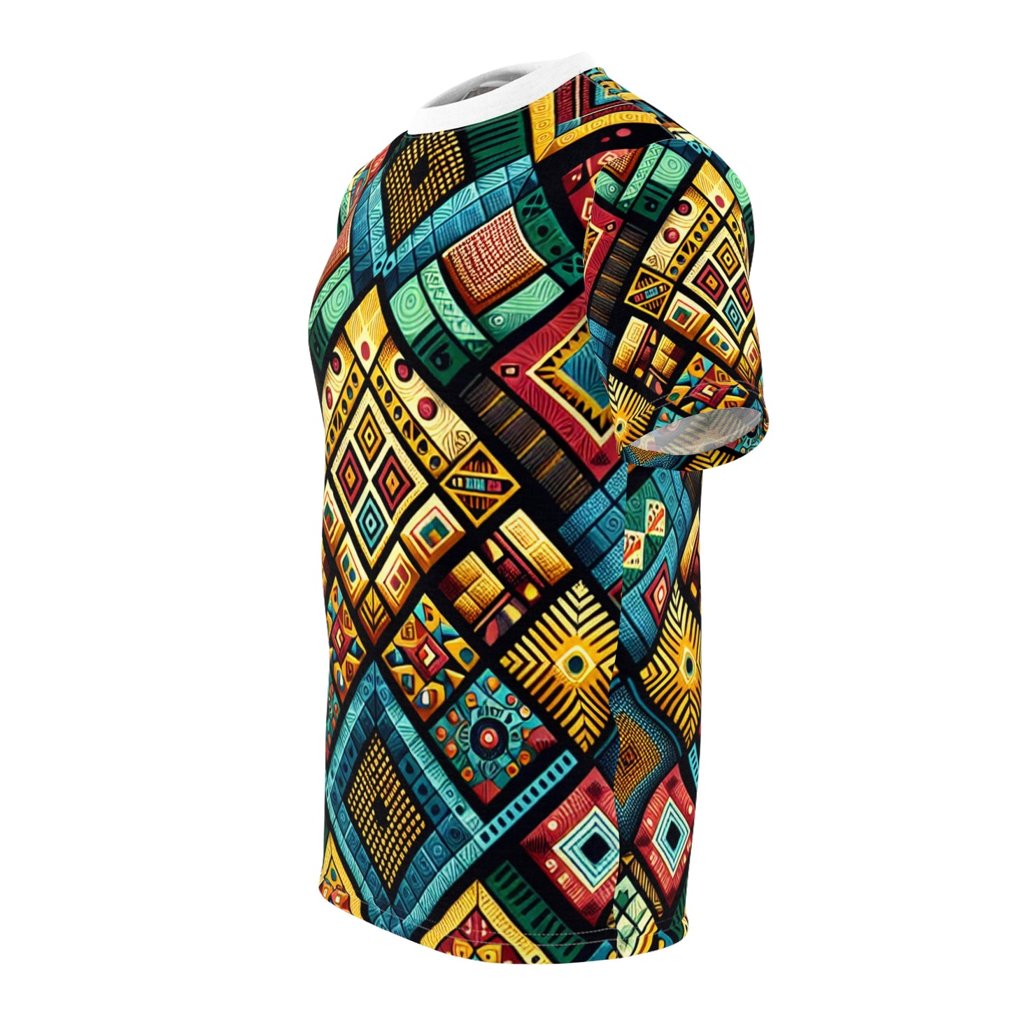 Vibrant African Folklore Geometric Diamond Tribal Pattern T-Shirt, Bold Primary Colors - African Tribal Pattern-Inspired Tee