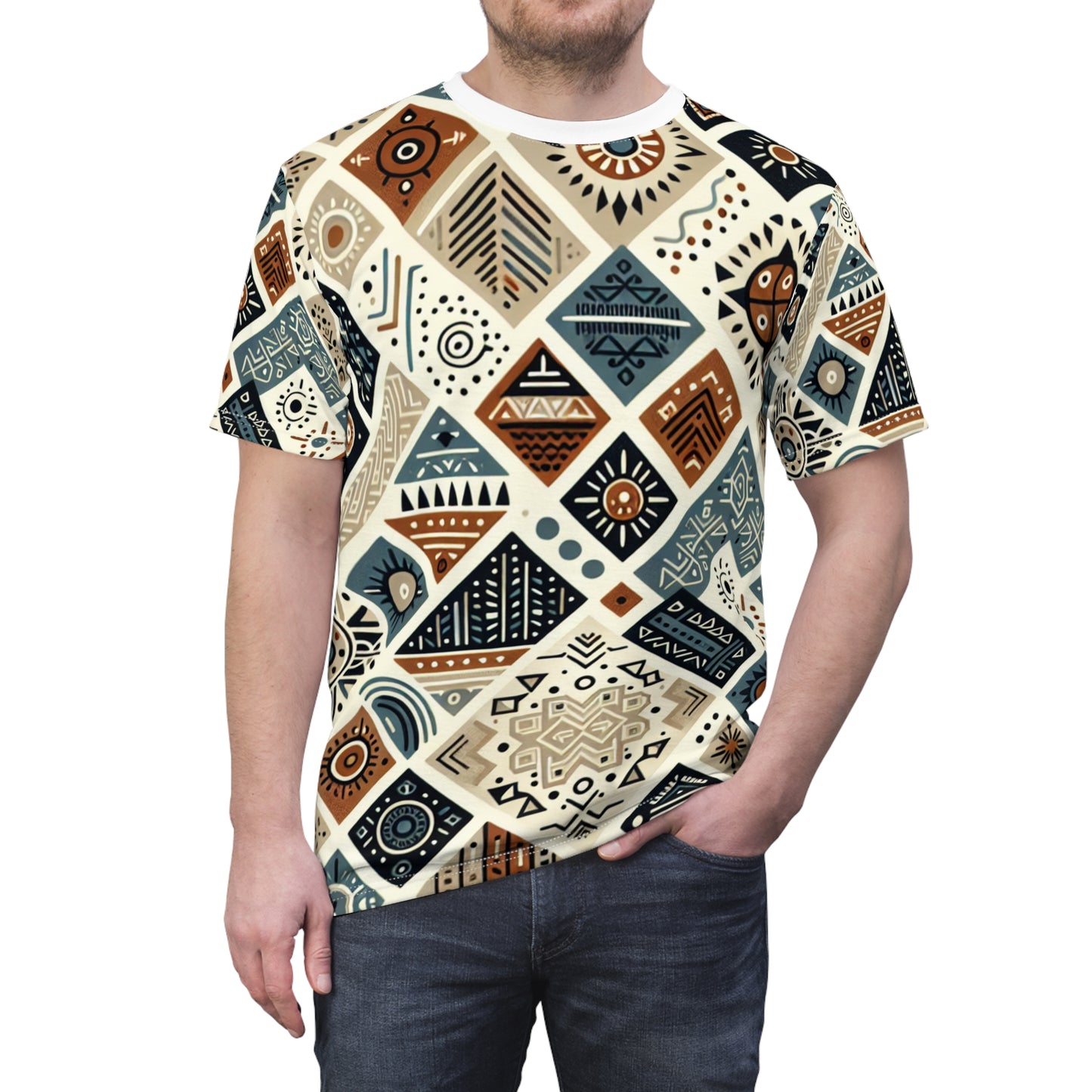 Berber Inspired Enigmatic Tattoo Pattern Tee in Native Earthy Palette - African Tribal Pattern-Inspired Tee
