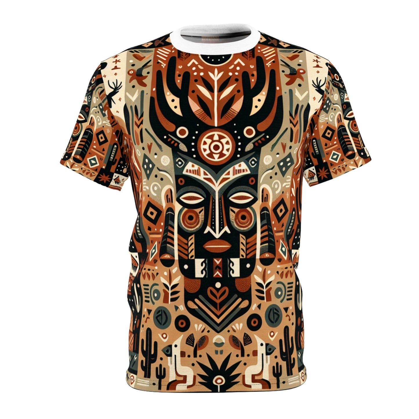 African-Desert Fusion Tee: Tribal Totem and Southwest Nature Tapestry in Earthy Tones - African Tribal Pattern-Inspired