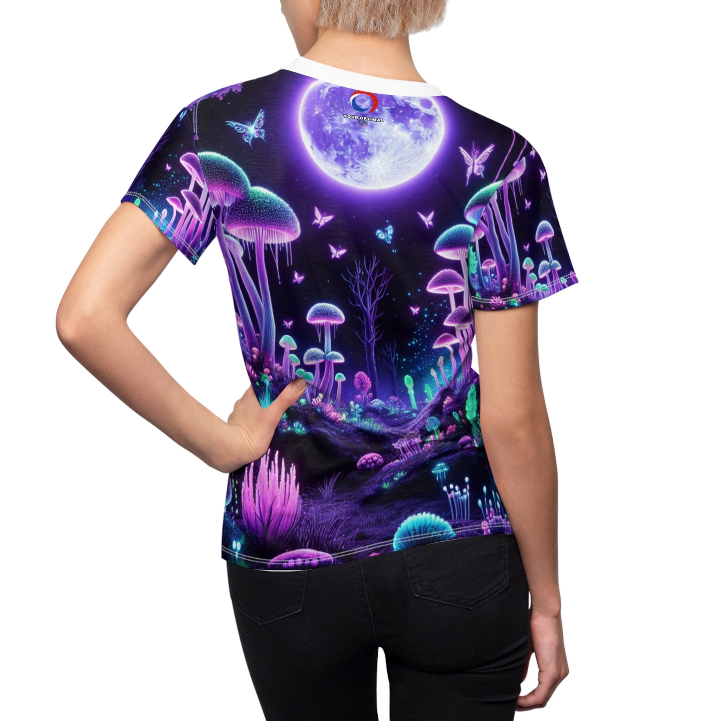 Psychedelic Forest Neon Women's T-shirt: Surreal Blacklight Reactive, Luminous Mushroom & Starry Night Sky - Women's Blacklight Tee