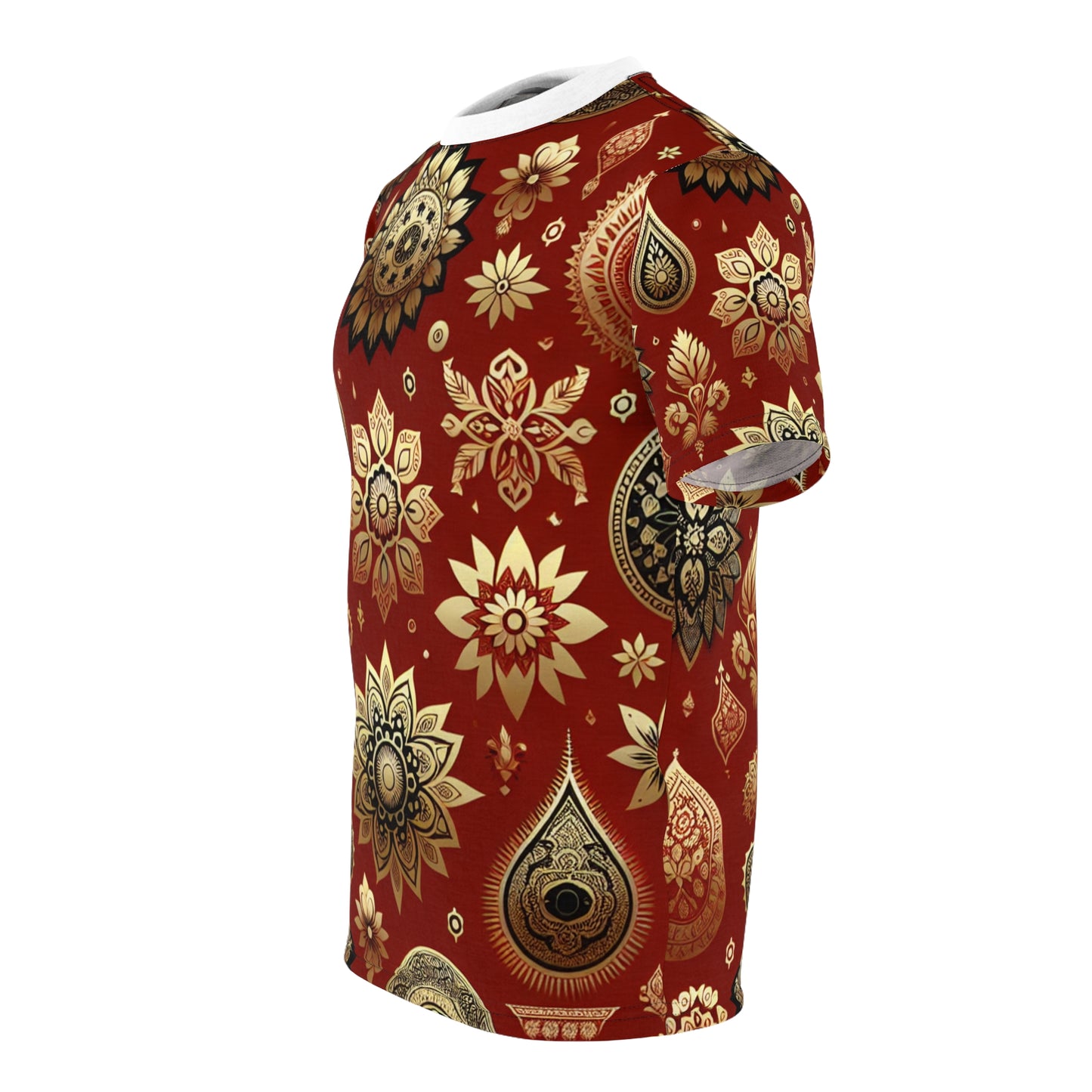 Traditional Indian Motif Collection T-Shirt - Seamless Print with Intricate Floral and Geometric Shapes Subtly Scattered on Vibrant Red