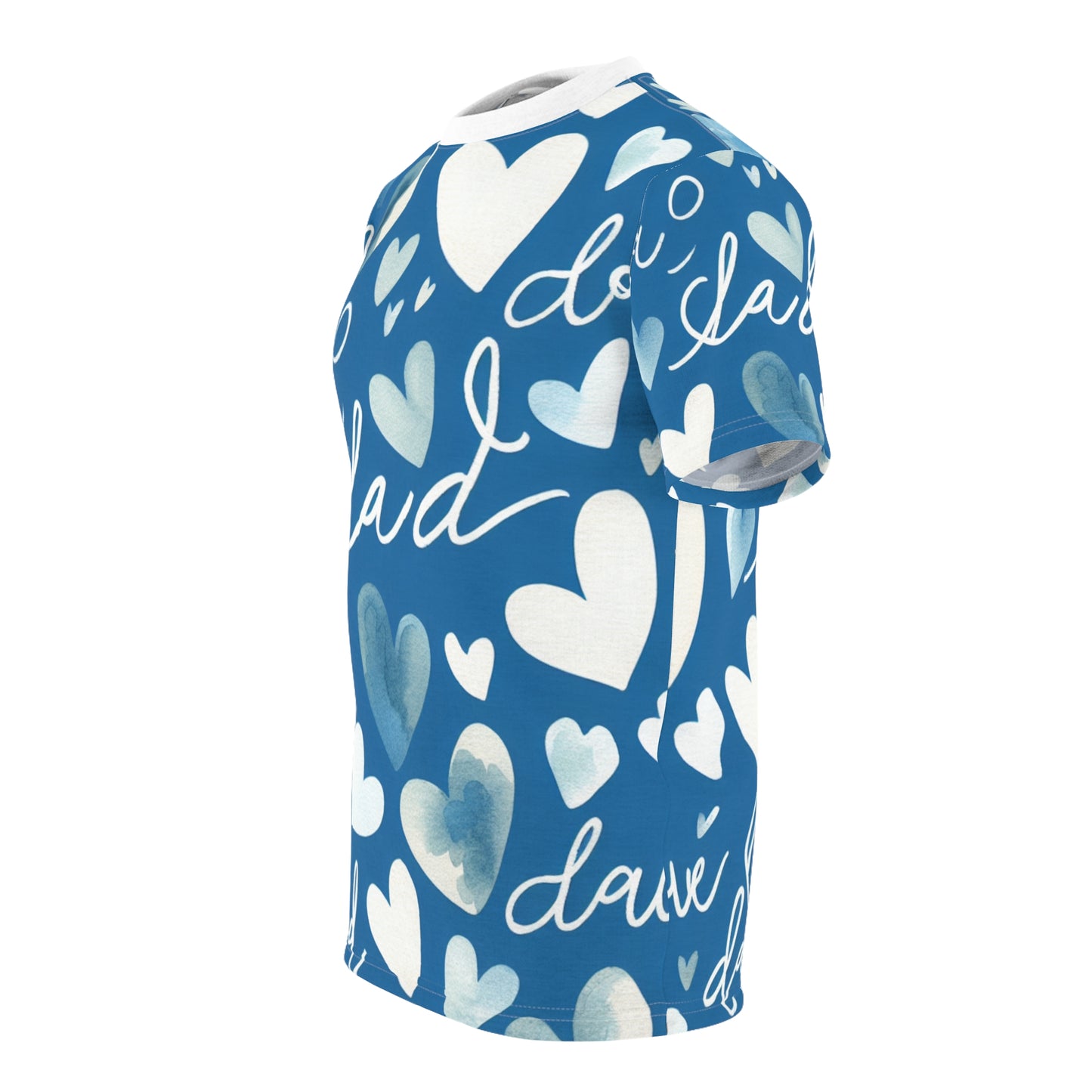 Father's Day Casual Love Theme T-Shirt - Watercolor Heart Pattern & Handwritten Kid's Scribble - Bold Blue Color - Gift for Him