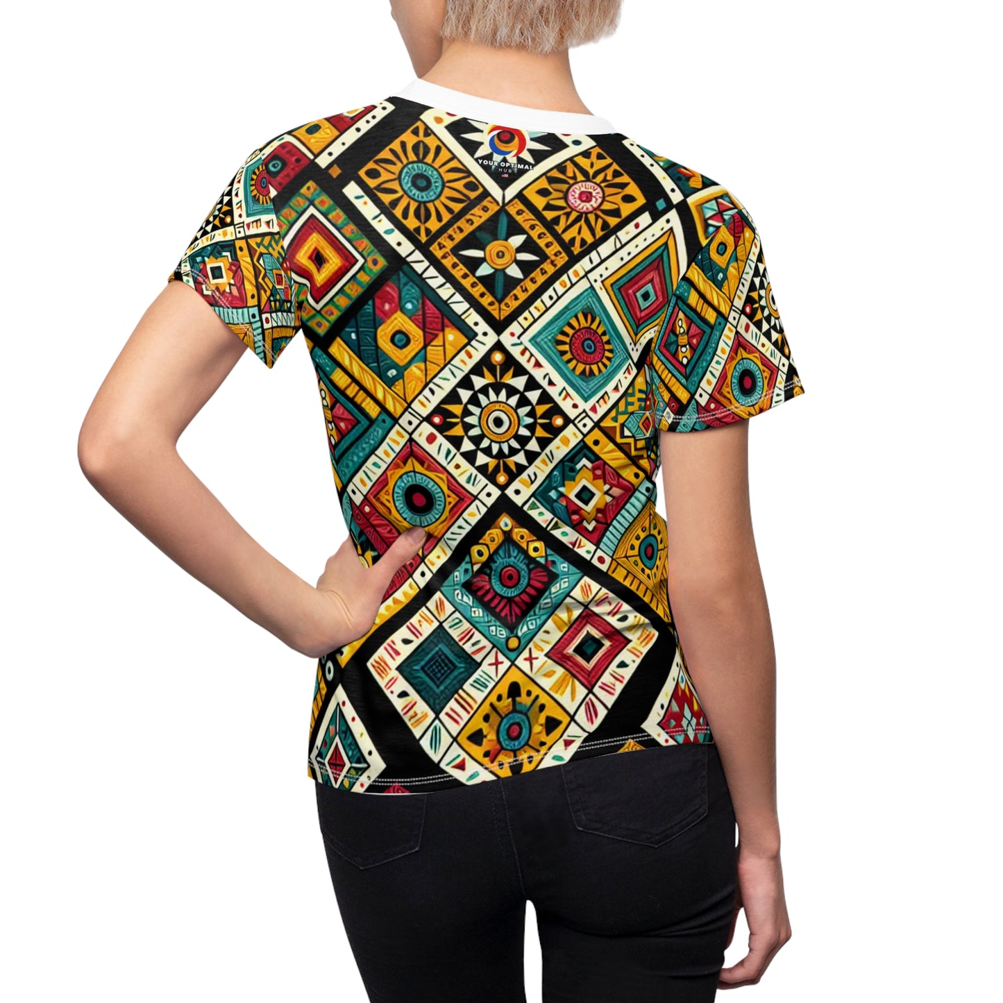 Vibrant African Storytelling Geometric-Pattern Women's T-shirt – Bold Colors & Tribal Symbols Shirt - African Tribal Pattern-Inspired