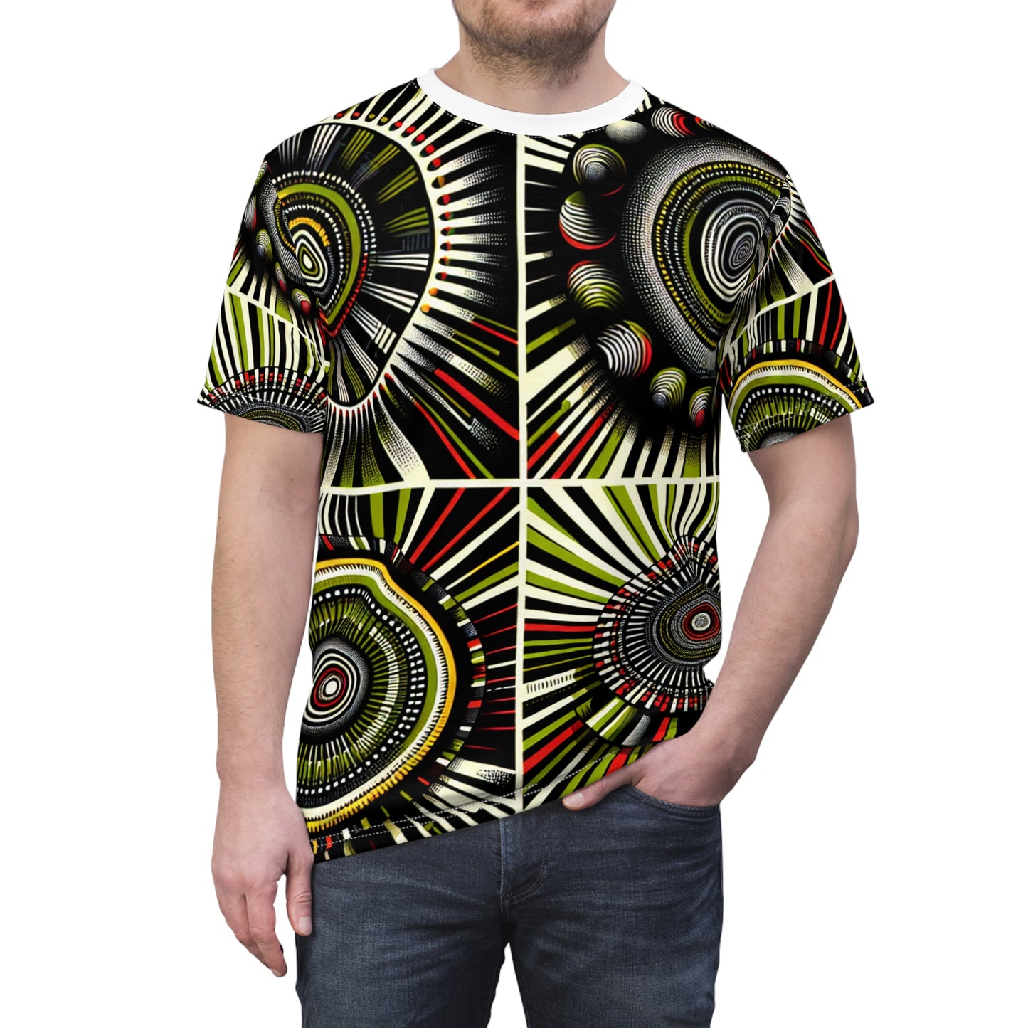 African Rhythm Dance T-Shirt: Vibrant Drum-Centric Celebration in Green & Red - African Tribal Pattern-Inspired Tee
