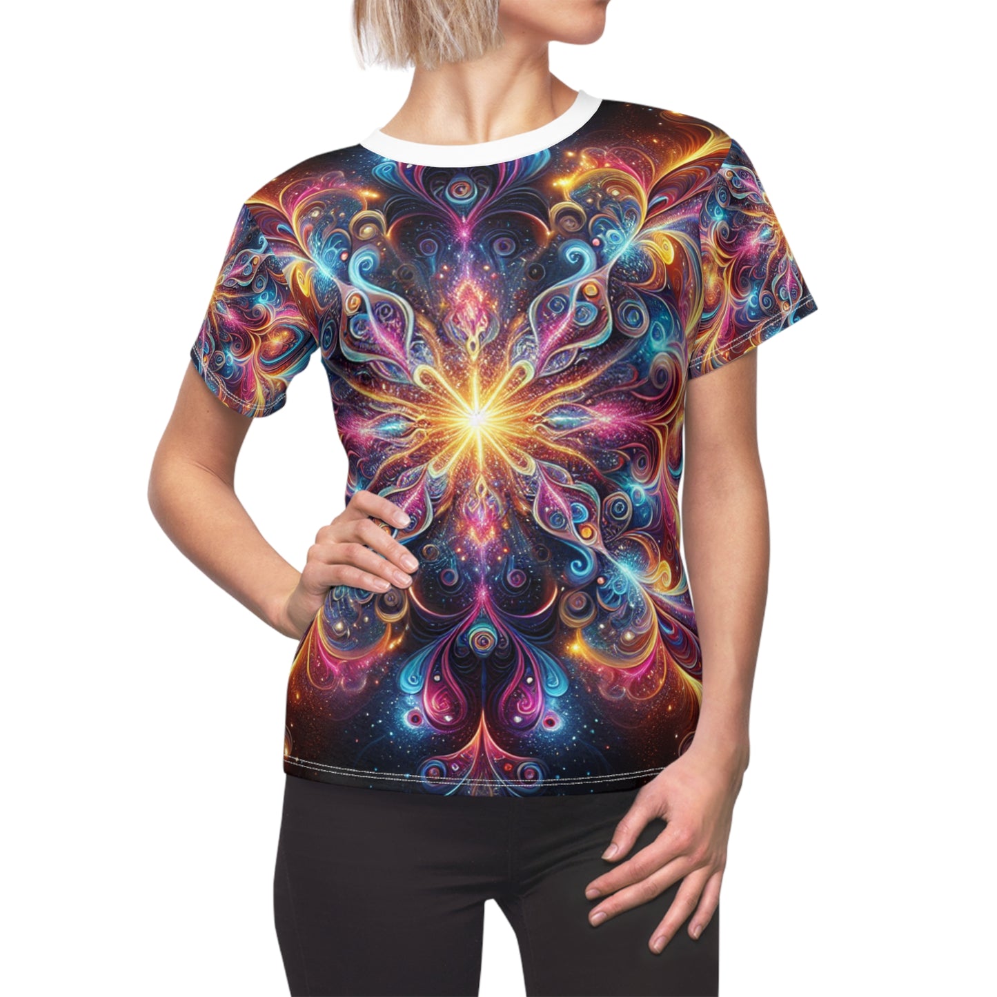 Psychedelic Mandala Women's T-Shirt - Cosmic Blue, Pink, Orange & Yellow Radiant Design on Dark Backdrop - Women's Trippy Tee
