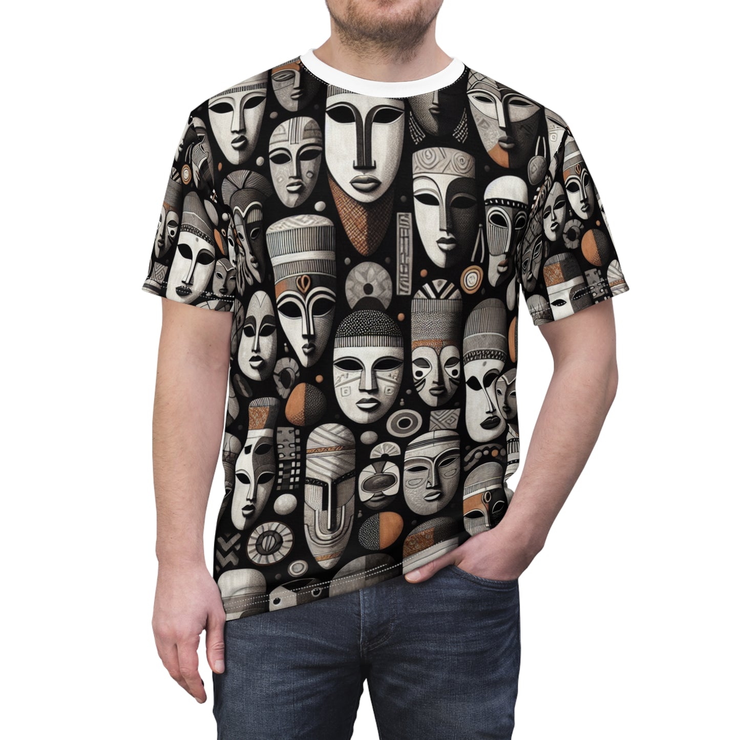 Chic African Heritage Tapestry T-Shirt- Modern Monochrome Masks with Orange Accents - African Tribal Pattern-Inspired Tee