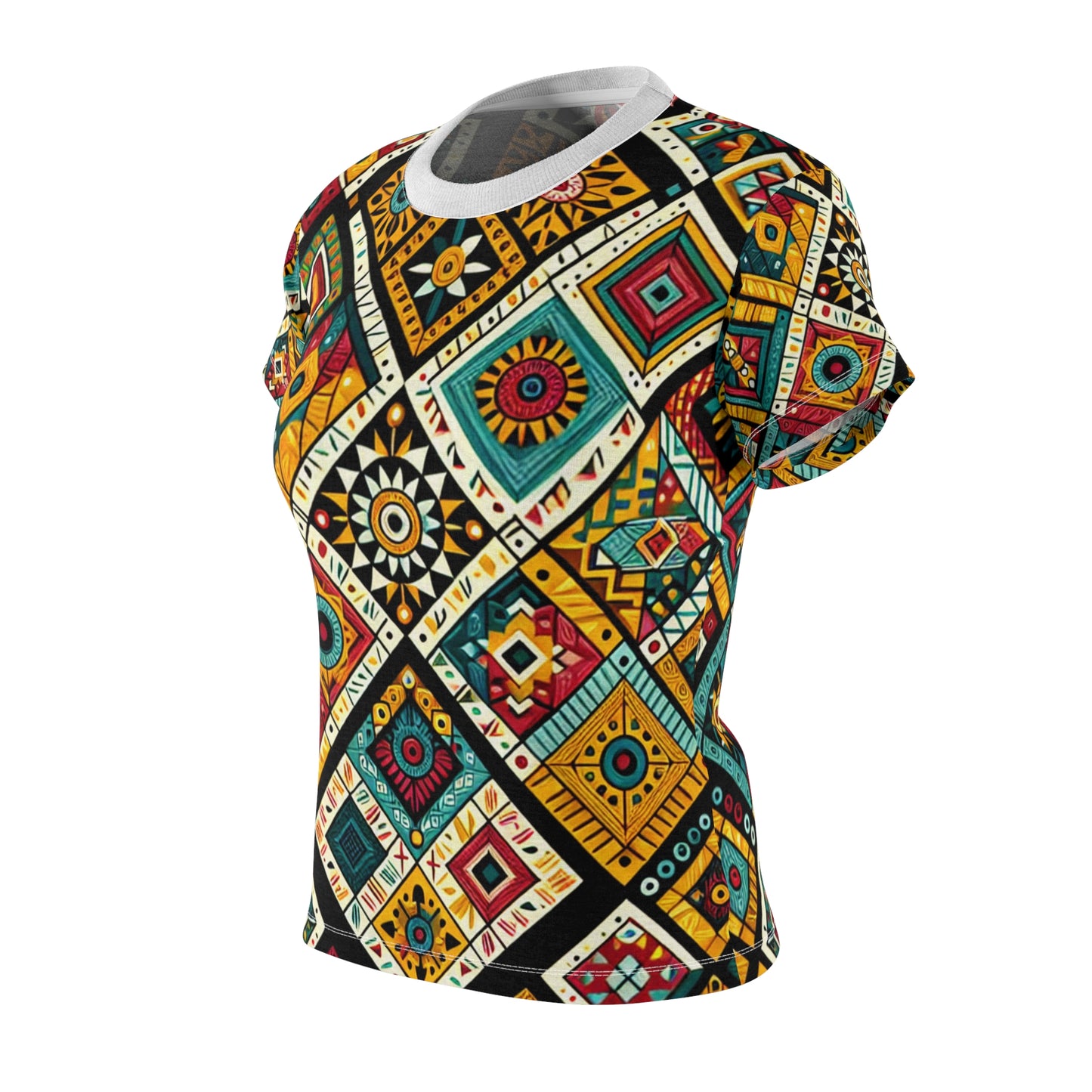 Vibrant African Storytelling Geometric-Pattern Women's T-shirt – Bold Colors & Tribal Symbols Shirt - African Tribal Pattern-Inspired