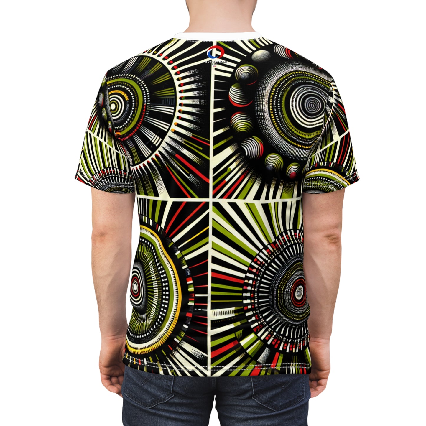African Rhythm Dance T-Shirt: Vibrant Drum-Centric Celebration in Green & Red - African Tribal Pattern-Inspired Tee