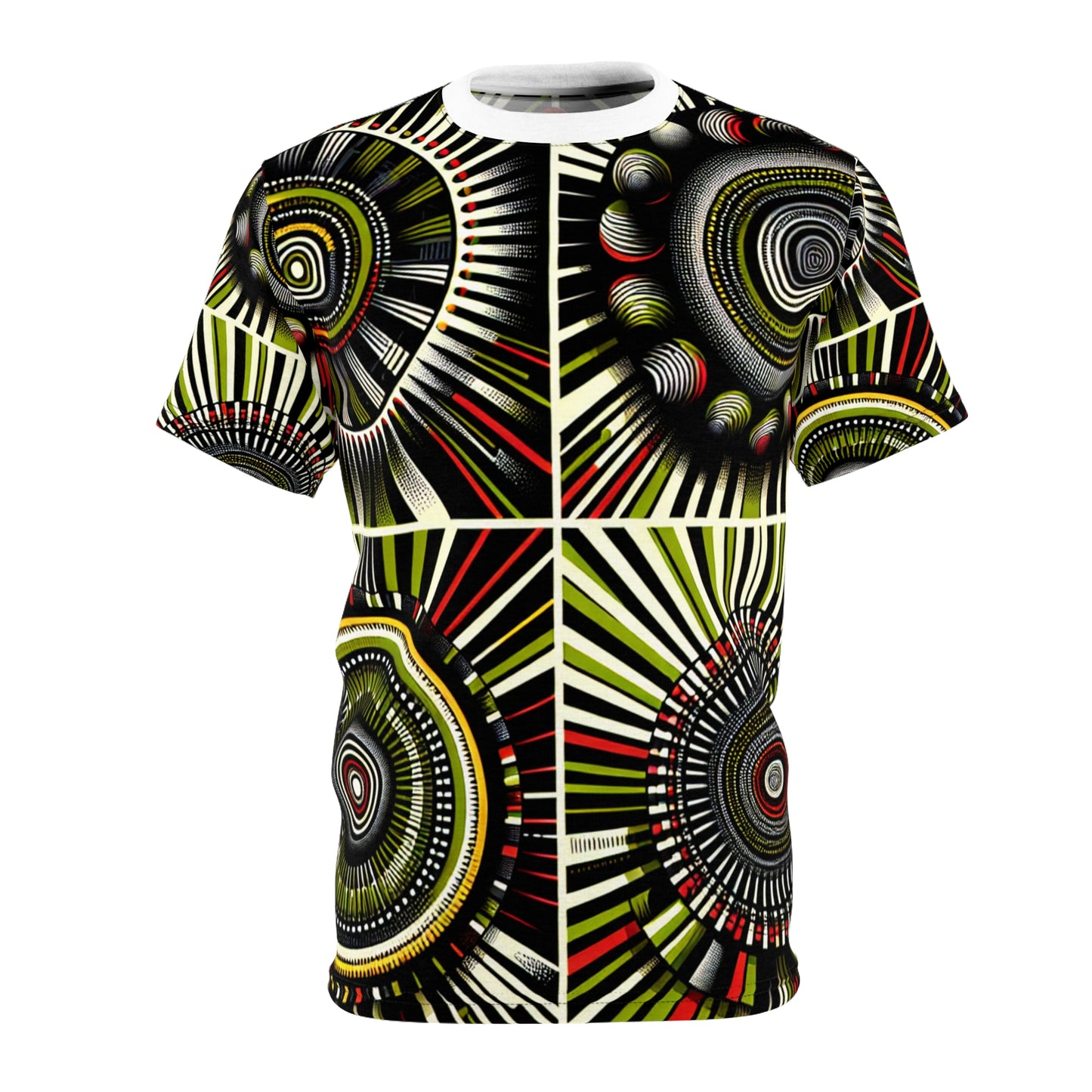 African Rhythm Dance T-Shirt: Vibrant Drum-Centric Celebration in Green & Red - African Tribal Pattern-Inspired Tee