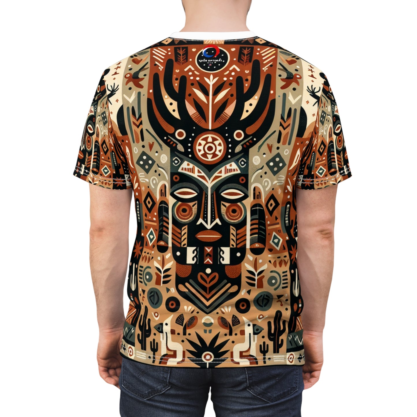 African-Desert Fusion Tee: Tribal Totem and Southwest Nature Tapestry in Earthy Tones - African Tribal Pattern-Inspired