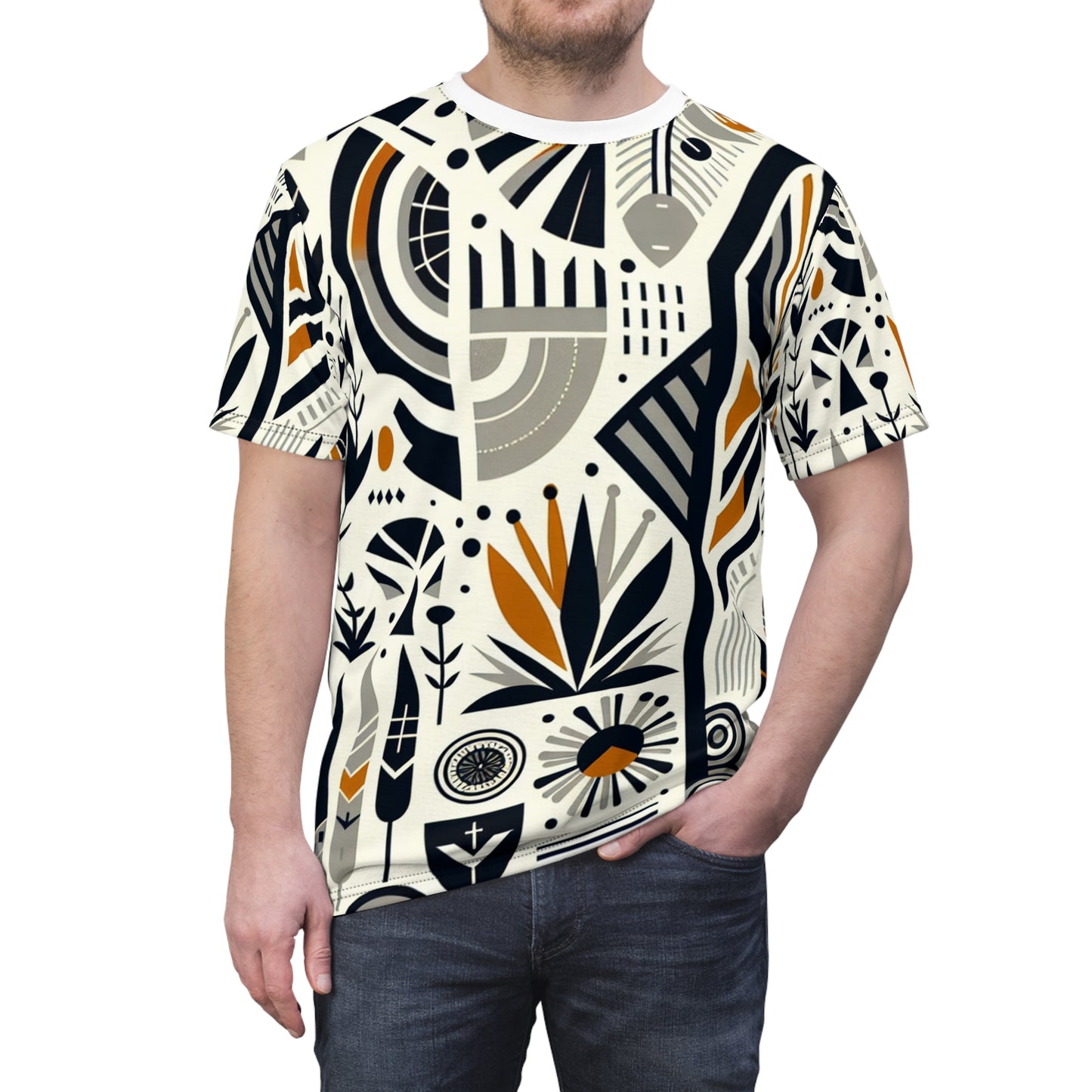 Modern African-Graphic Fusion Tee - Monochrome & Orange, Nature-Warfare Symbols - African Tribal Pattern-Inspired