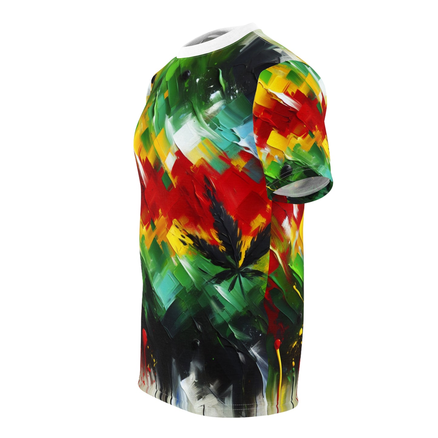 Rasta Splatter Painted T-shirt: Vibrant Abstract Art Unifying African Identity & Spirituality - Rastafarian Abstract Art-Inspired Tee