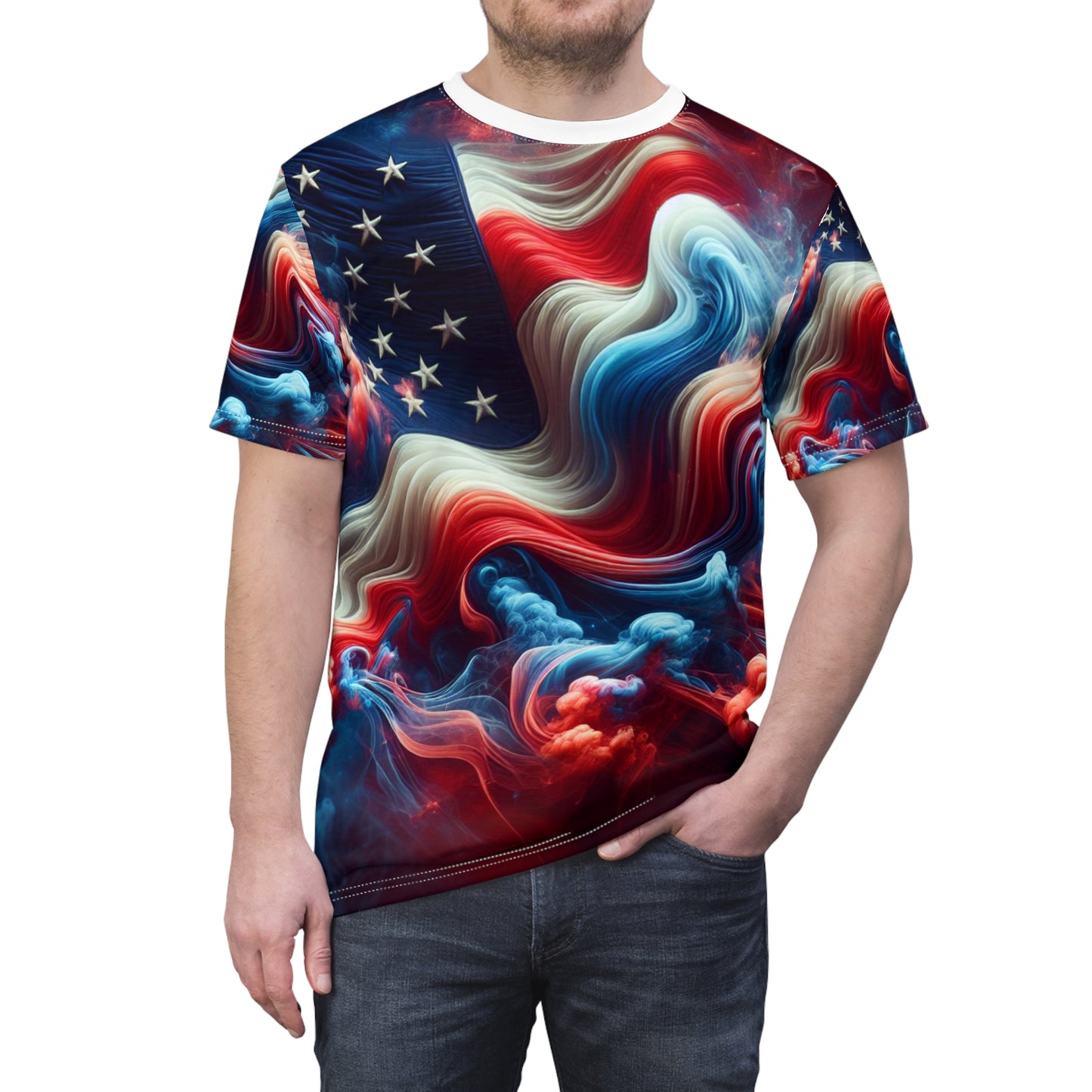 Mystical Dreamscape American Flag T-Shirt - Artistic Swirling Smoke Design with Vibrant Patriotic Colors - Patriotic Streetwear Tee