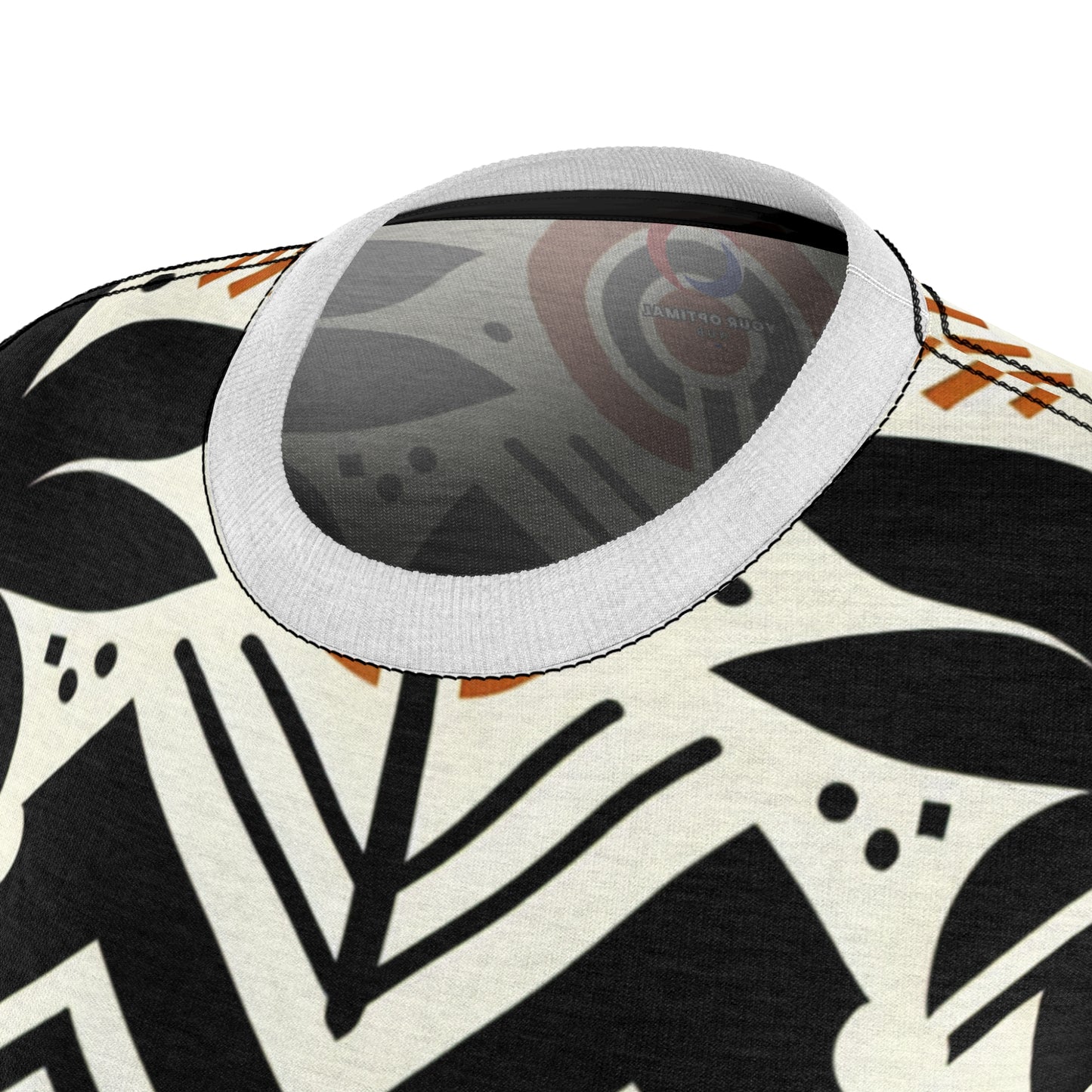 Modern African Fusion Women's Tee: Monochromatic, Orange Accents, Nature-Inspired Graphics - African Tribal Pattern-Inspired
