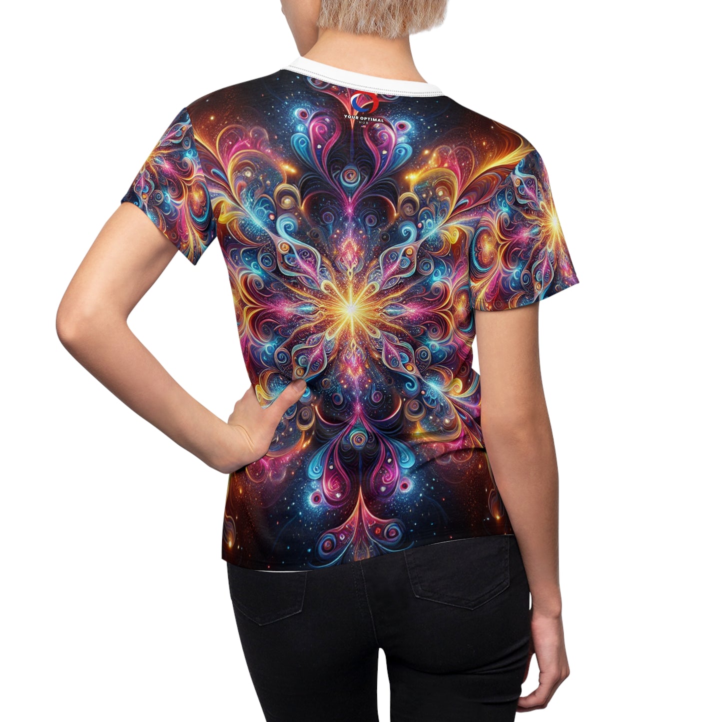 Psychedelic Mandala Women's T-Shirt - Cosmic Blue, Pink, Orange & Yellow Radiant Design on Dark Backdrop - Women's Trippy Tee