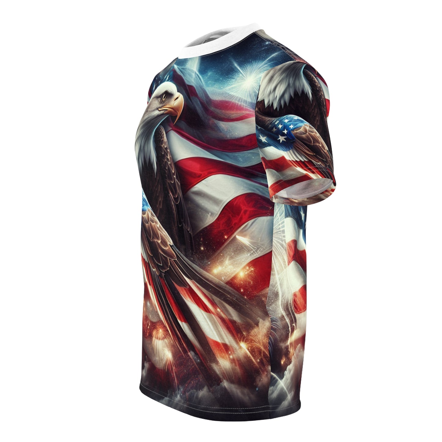 Patriotic American Pride: Majestic Bald Eagle on Vibrant USA Flag with Fireworks, Independence Day Heritage T-Shirt - Patriotic Streetwear Tee