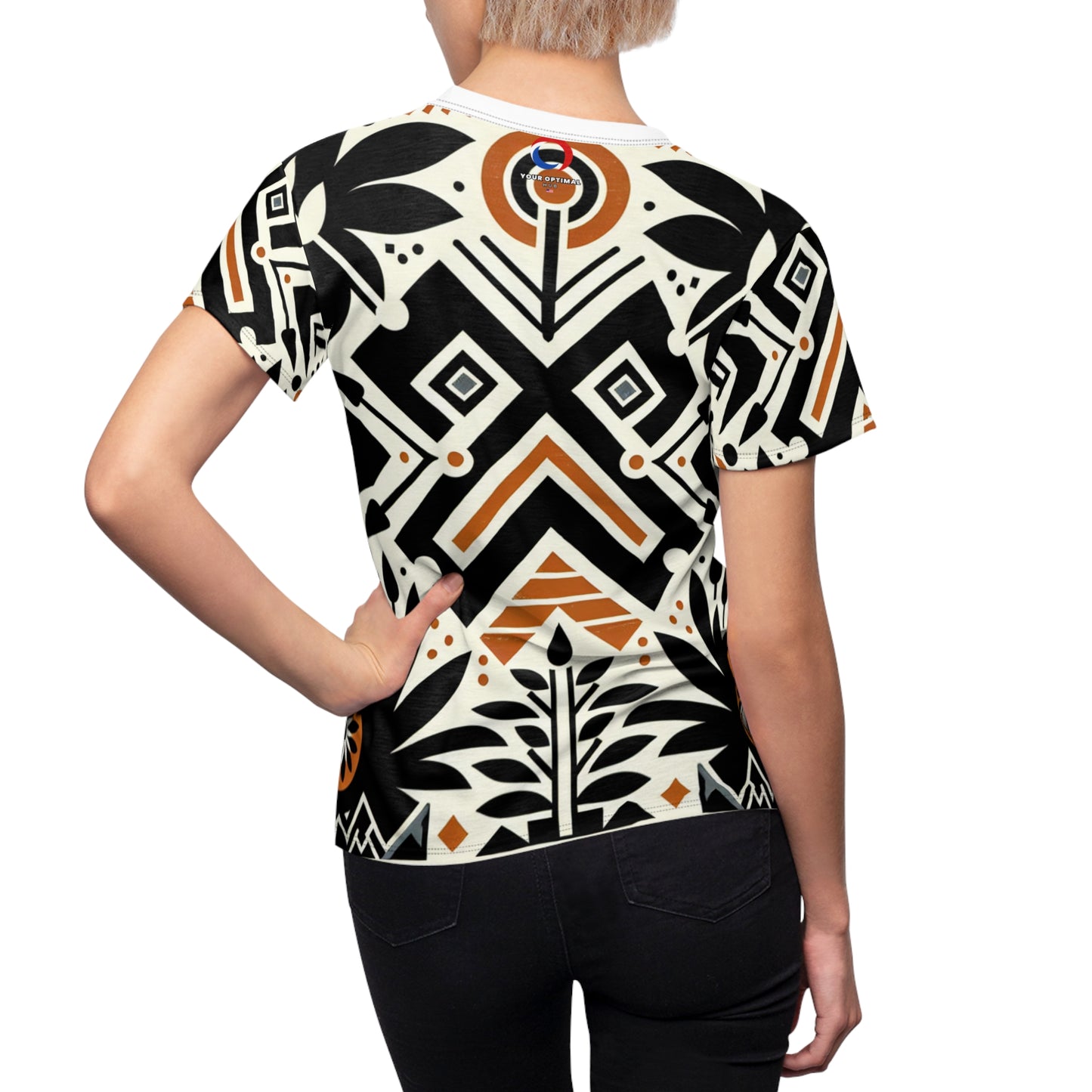 Modern African Fusion Women's Tee: Monochromatic, Orange Accents, Nature-Inspired Graphics - African Tribal Pattern-Inspired