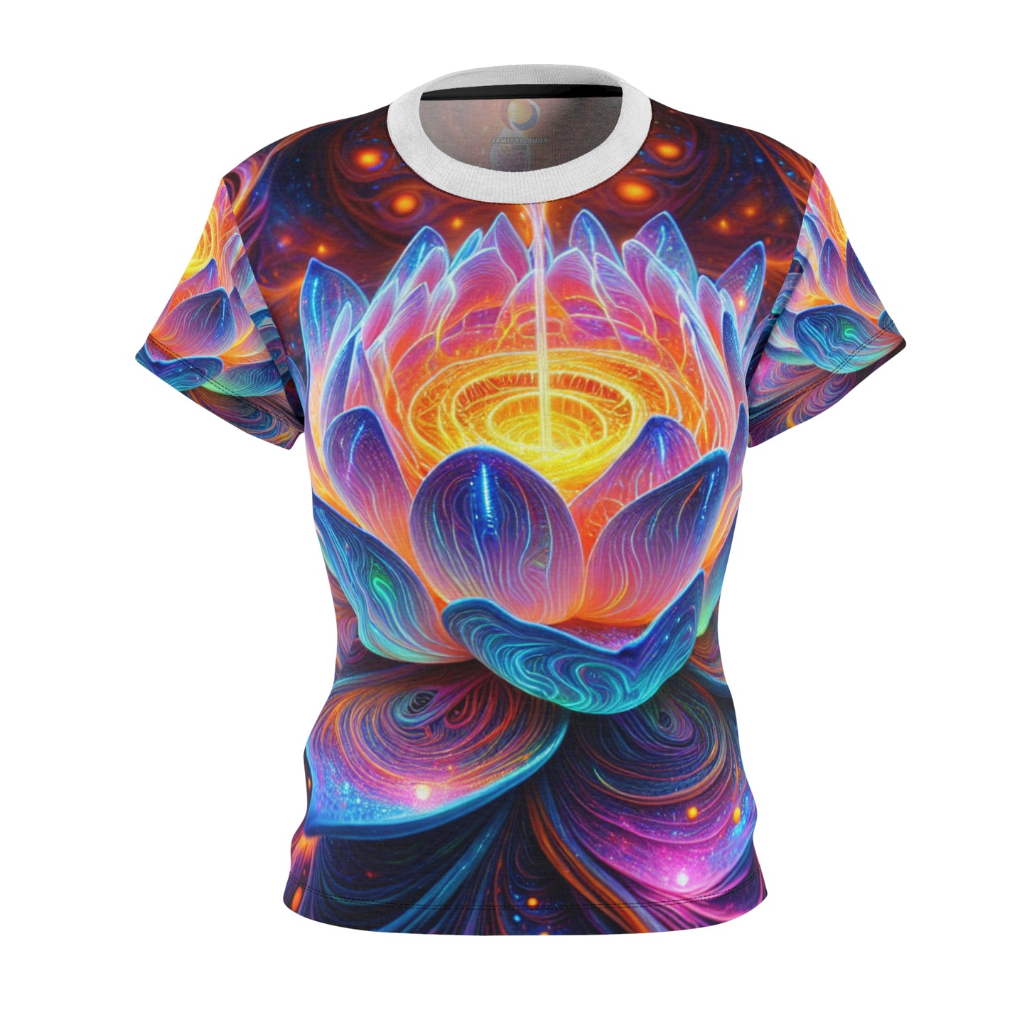 Bioluminescent Alien Lotus Flower Tee: UV-Reactive Cosmic Energy in Vibrant Neon Colors - Women's Blacklight Reactive Tee