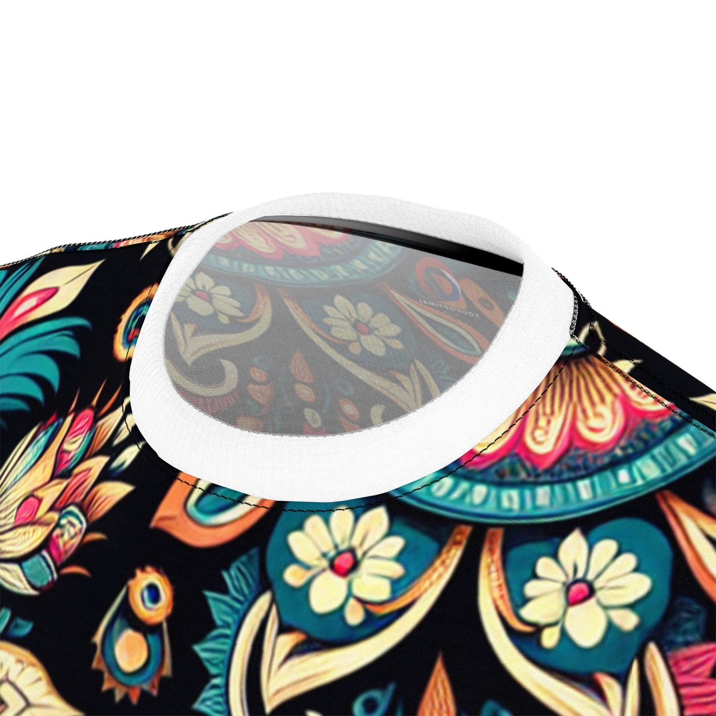 UV Reactive Boho-Chic T-Shirt with Intricate Neon Indian Motifs on Black Background - Scattered Geometric Floral Design