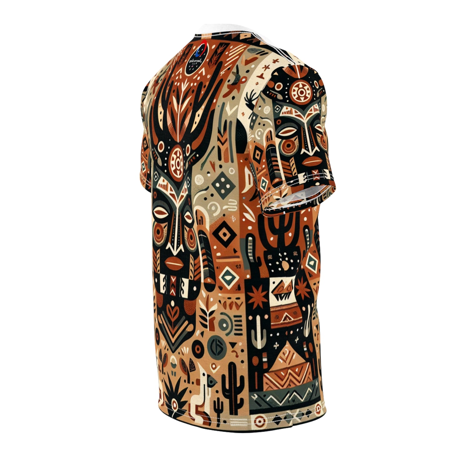 African-Desert Fusion Tee: Tribal Totem and Southwest Nature Tapestry in Earthy Tones - African Tribal Pattern-Inspired