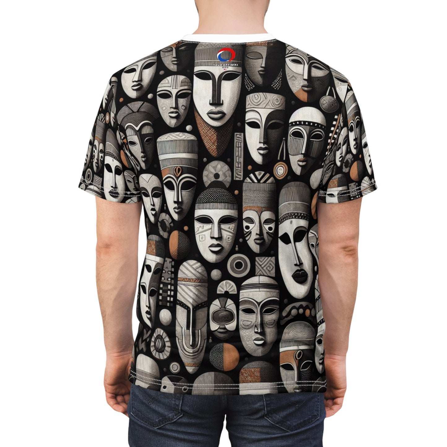 Chic African Heritage Tapestry T-Shirt- Modern Monochrome Masks with Orange Accents - African Tribal Pattern-Inspired Tee