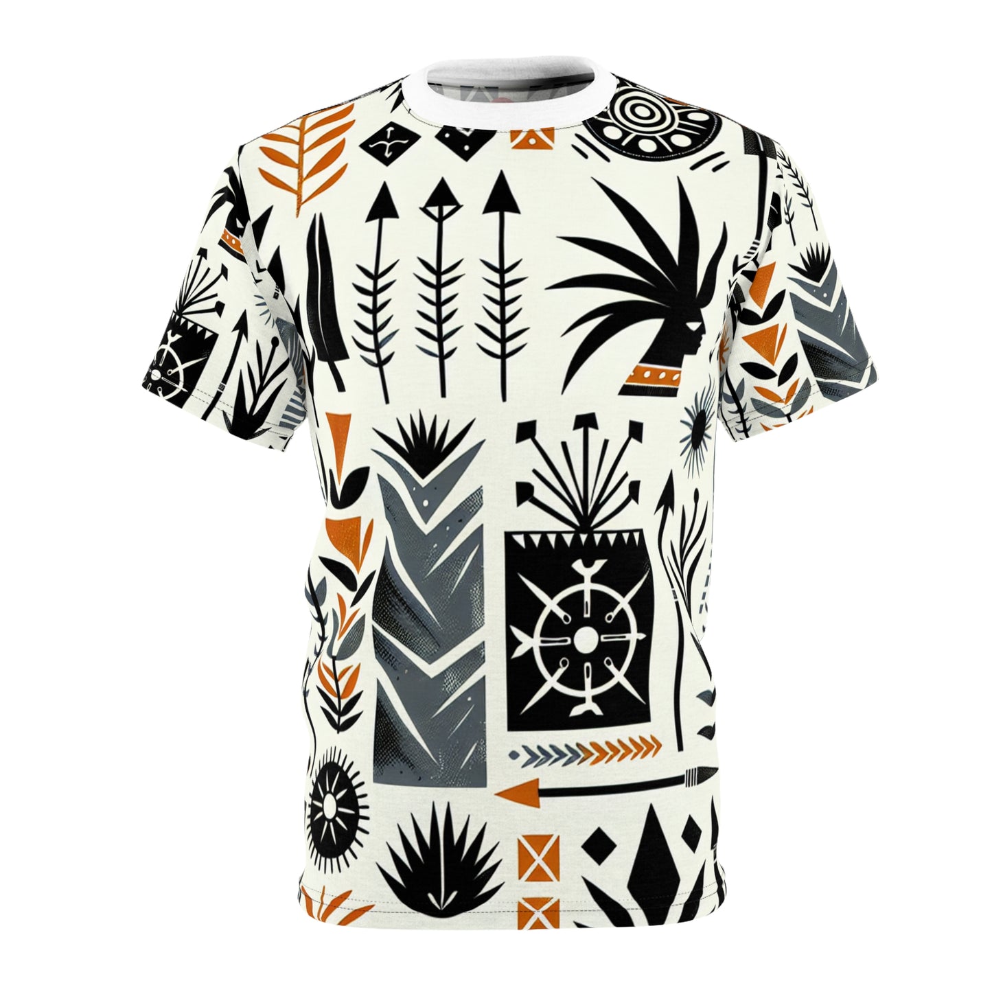 Modern African Artistry Tee: Monochromatic Spearhead & Shield Pattern + Orange Accents - African Tribal Pattern-Inspired