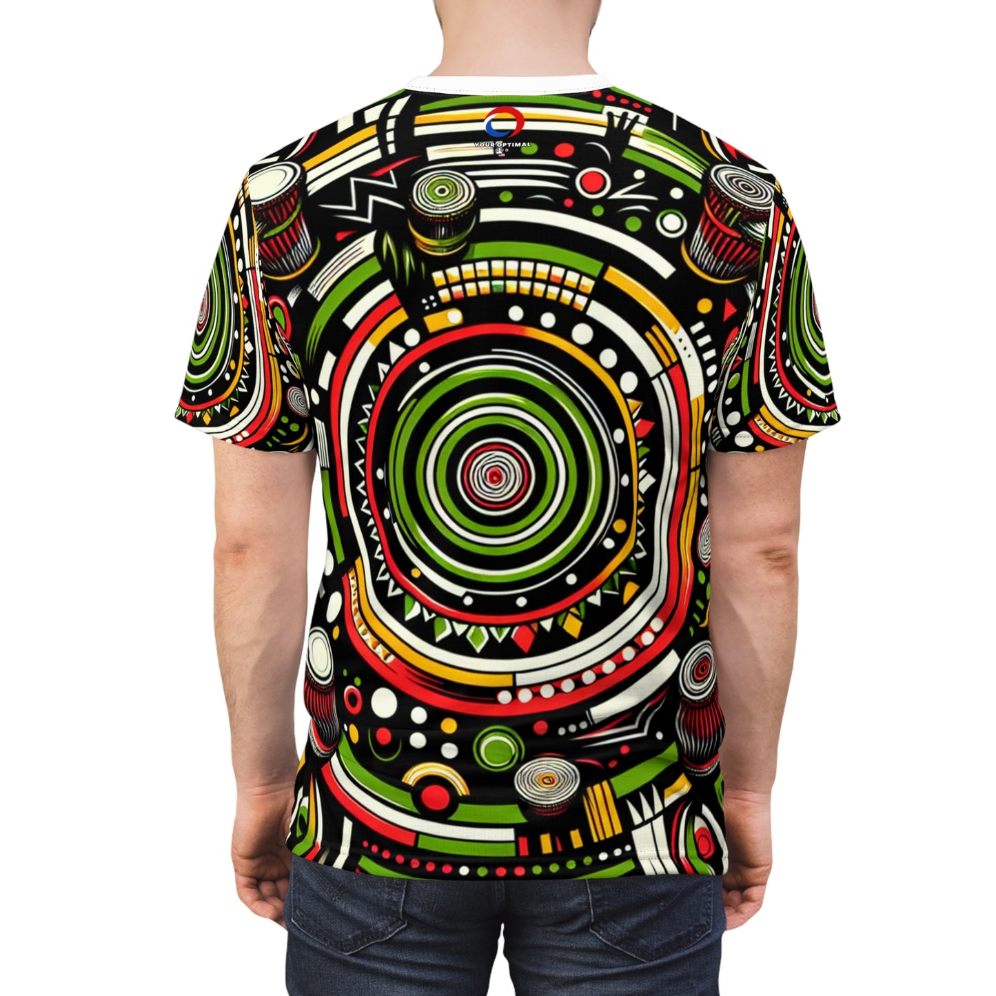 African Rhythm Dance Party T-Shirt: Bold Circles & Radiating Lines in Vibrant Hues - African Tribal Pattern-Inspired Tee