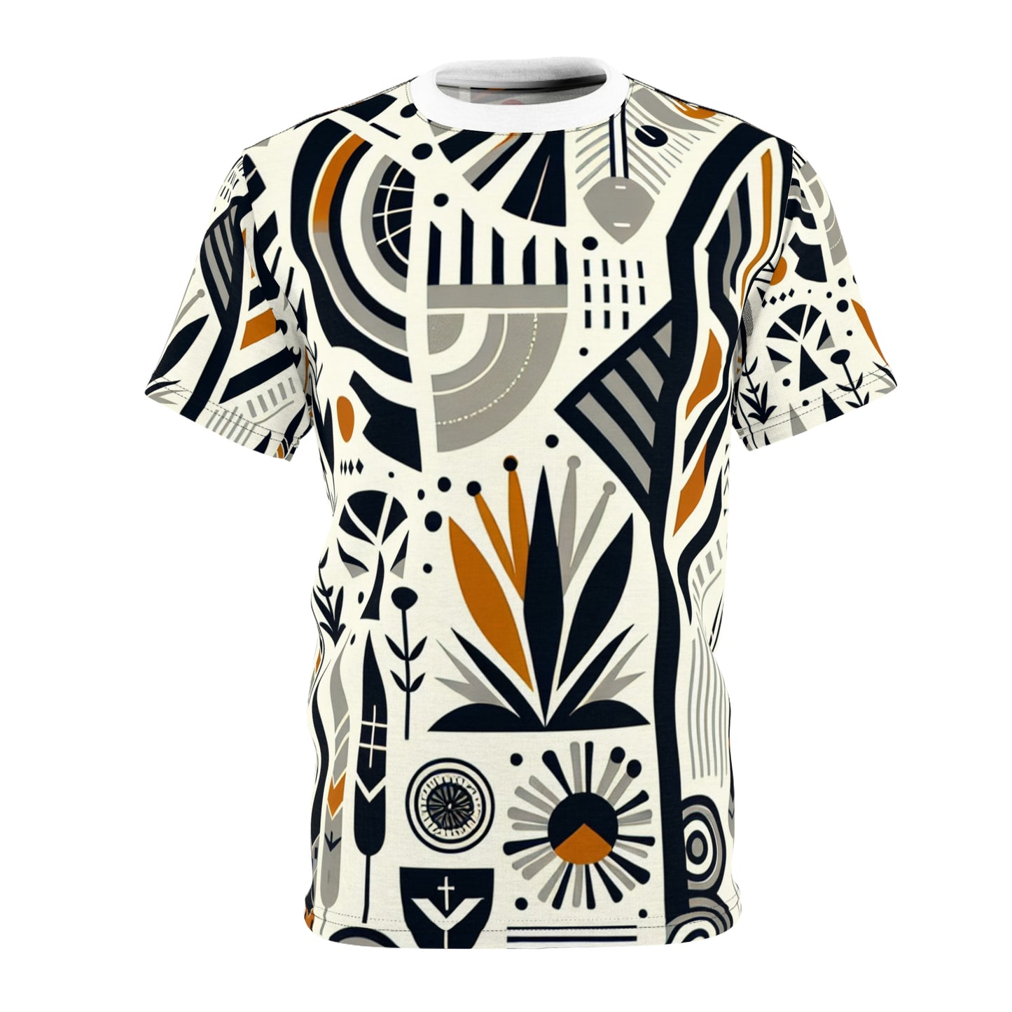 Modern African-Graphic Fusion Tee - Monochrome & Orange, Nature-Warfare Symbols - African Tribal Pattern-Inspired