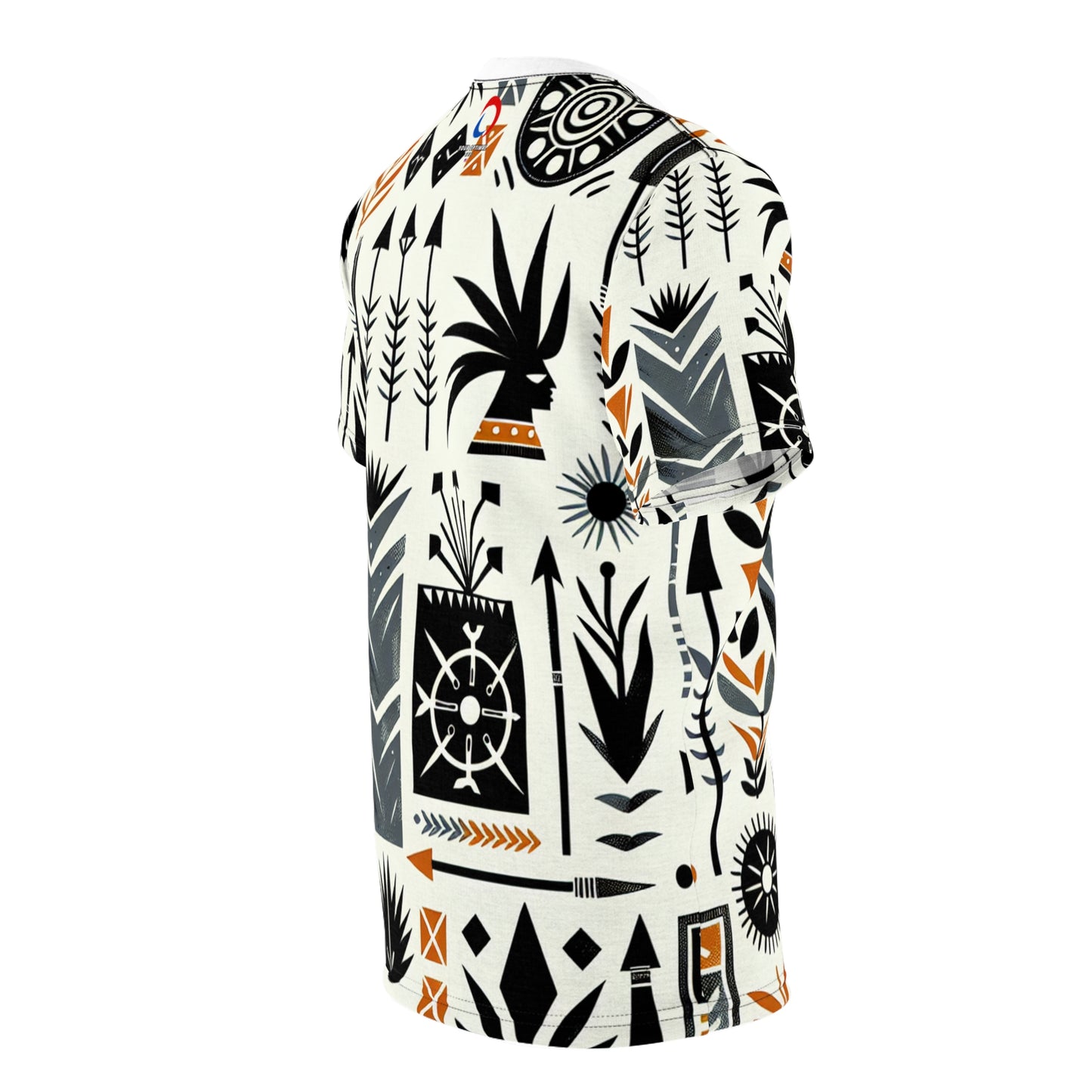 Modern African Artistry Tee: Monochromatic Spearhead & Shield Pattern + Orange Accents - African Tribal Pattern-Inspired