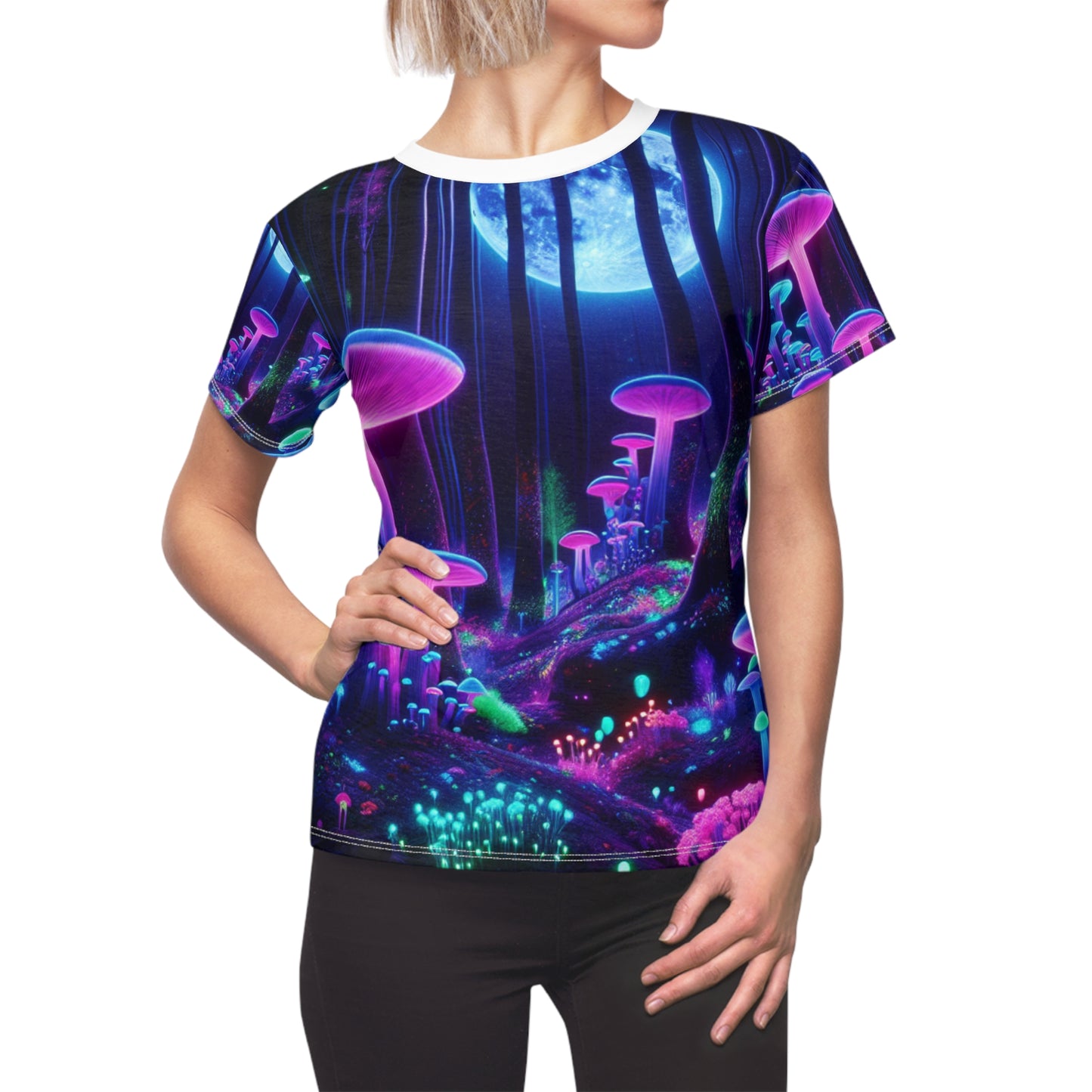 Women's UV-Reactive T-Shirt: Enchanted Night Forest with Neon Mushrooms, Glow-in-the-Dark Flora & Fireflies - Women's Blacklight Tee