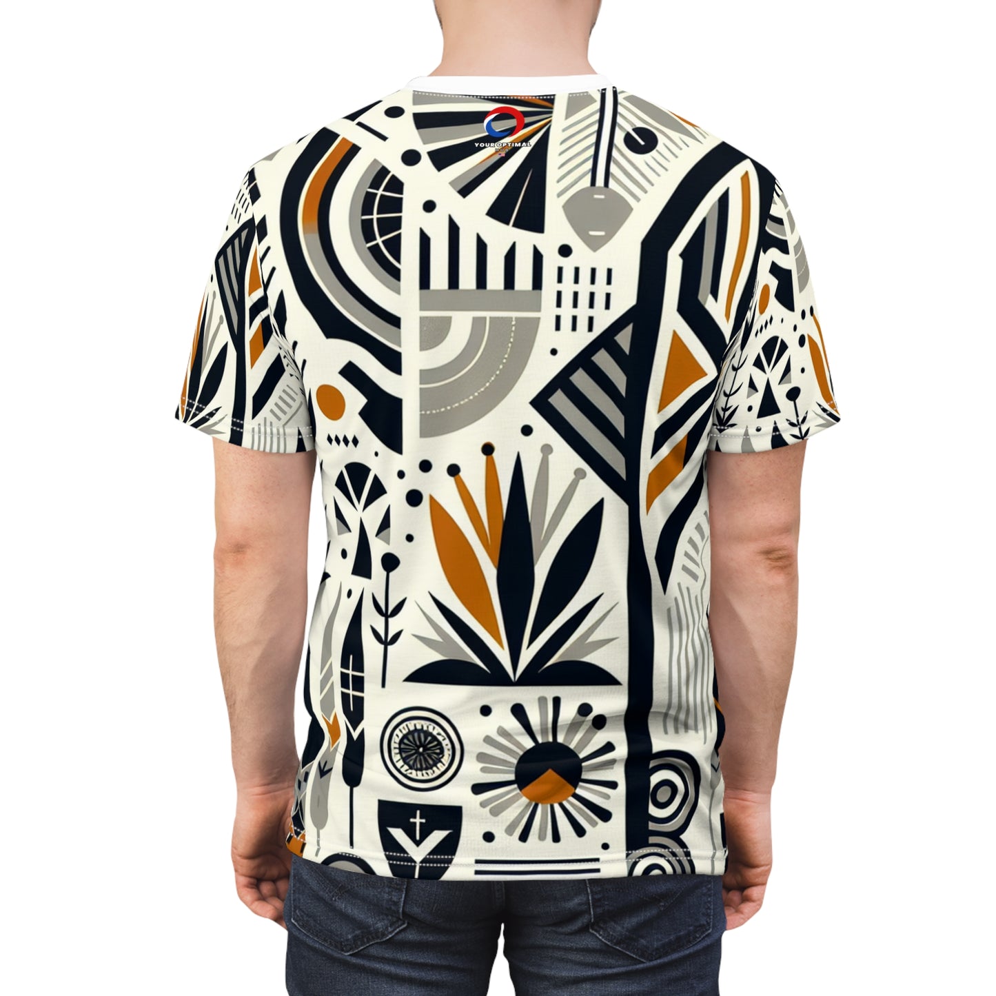 Modern African-Graphic Fusion Tee - Monochrome & Orange, Nature-Warfare Symbols - African Tribal Pattern-Inspired