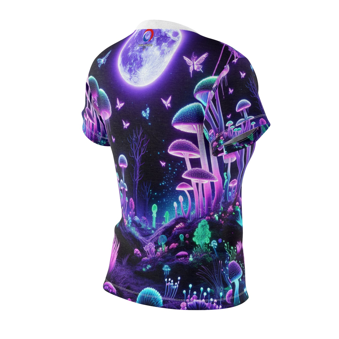 Psychedelic Forest Neon Women's T-shirt: Surreal Blacklight Reactive, Luminous Mushroom & Starry Night Sky - Women's Blacklight Tee