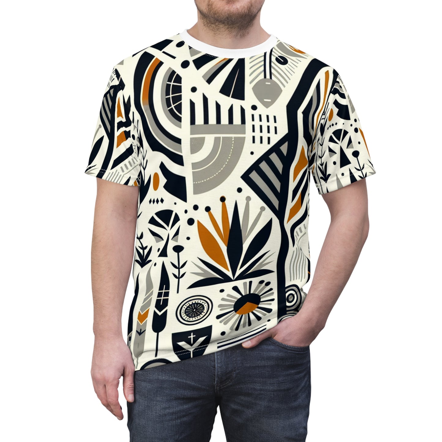 Modern African-Graphic Fusion Tee - Monochrome & Orange, Nature-Warfare Symbols - African Tribal Pattern-Inspired