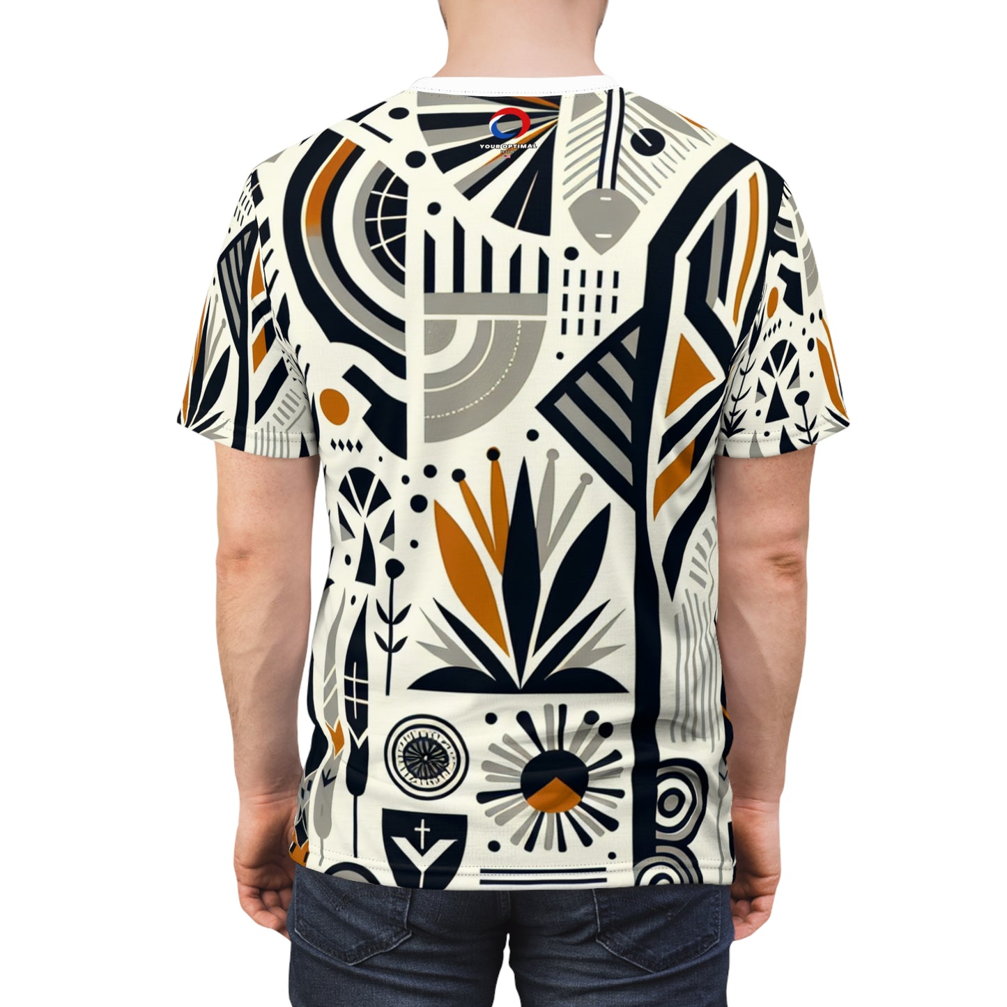 Modern African-Graphic Fusion Tee - Monochrome & Orange, Nature-Warfare Symbols - African Tribal Pattern-Inspired
