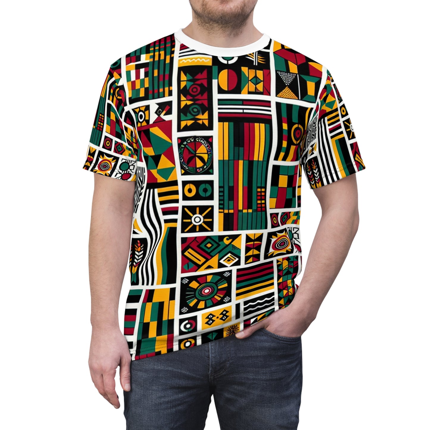 Vibrant Pan-African Heritage T-shirt - Geometric Kente Adinkra Narrative Artwork - African Tribal Pattern-Inspired Tee