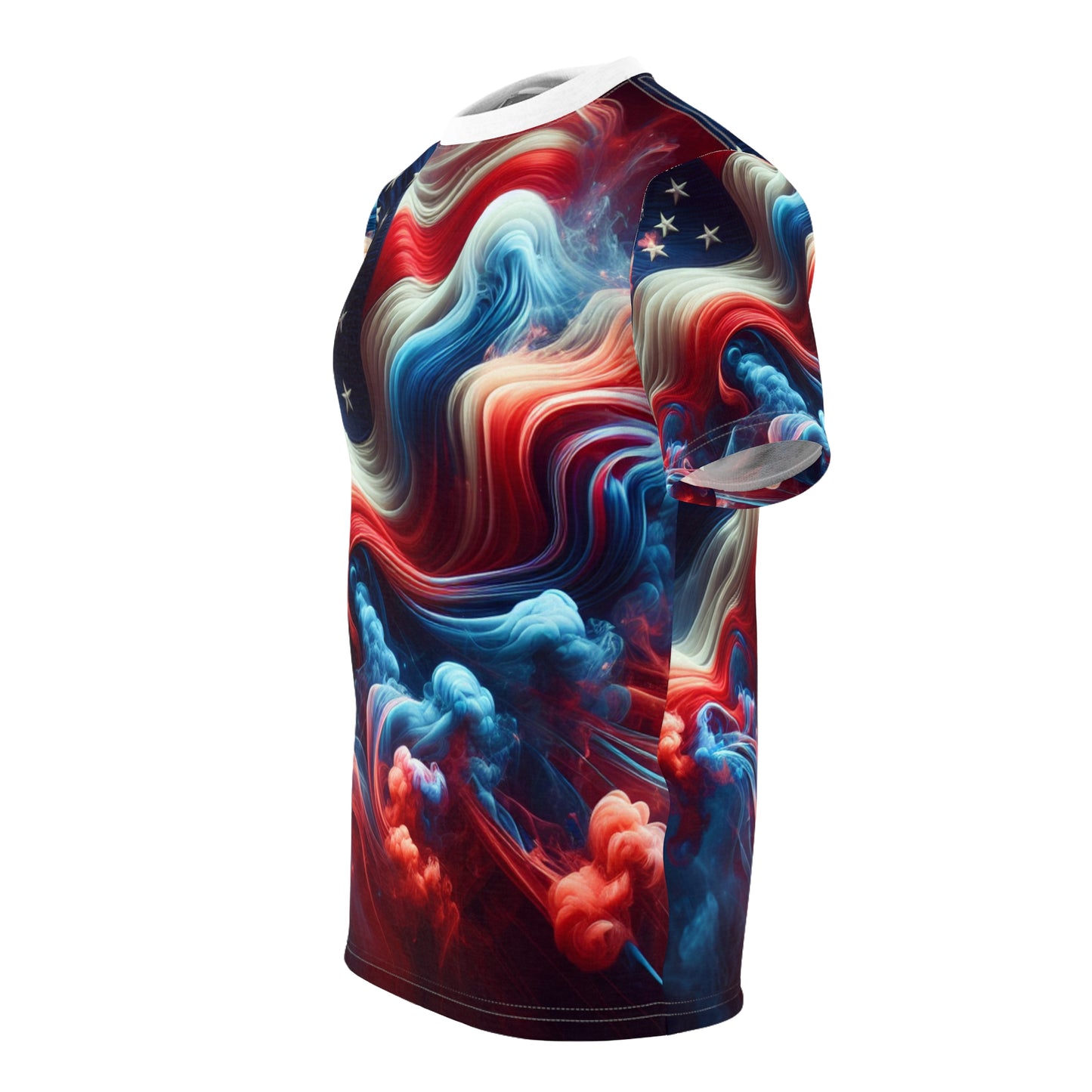 Mystical Dreamscape American Flag T-Shirt - Artistic Swirling Smoke Design with Vibrant Patriotic Colors - Patriotic Streetwear Tee