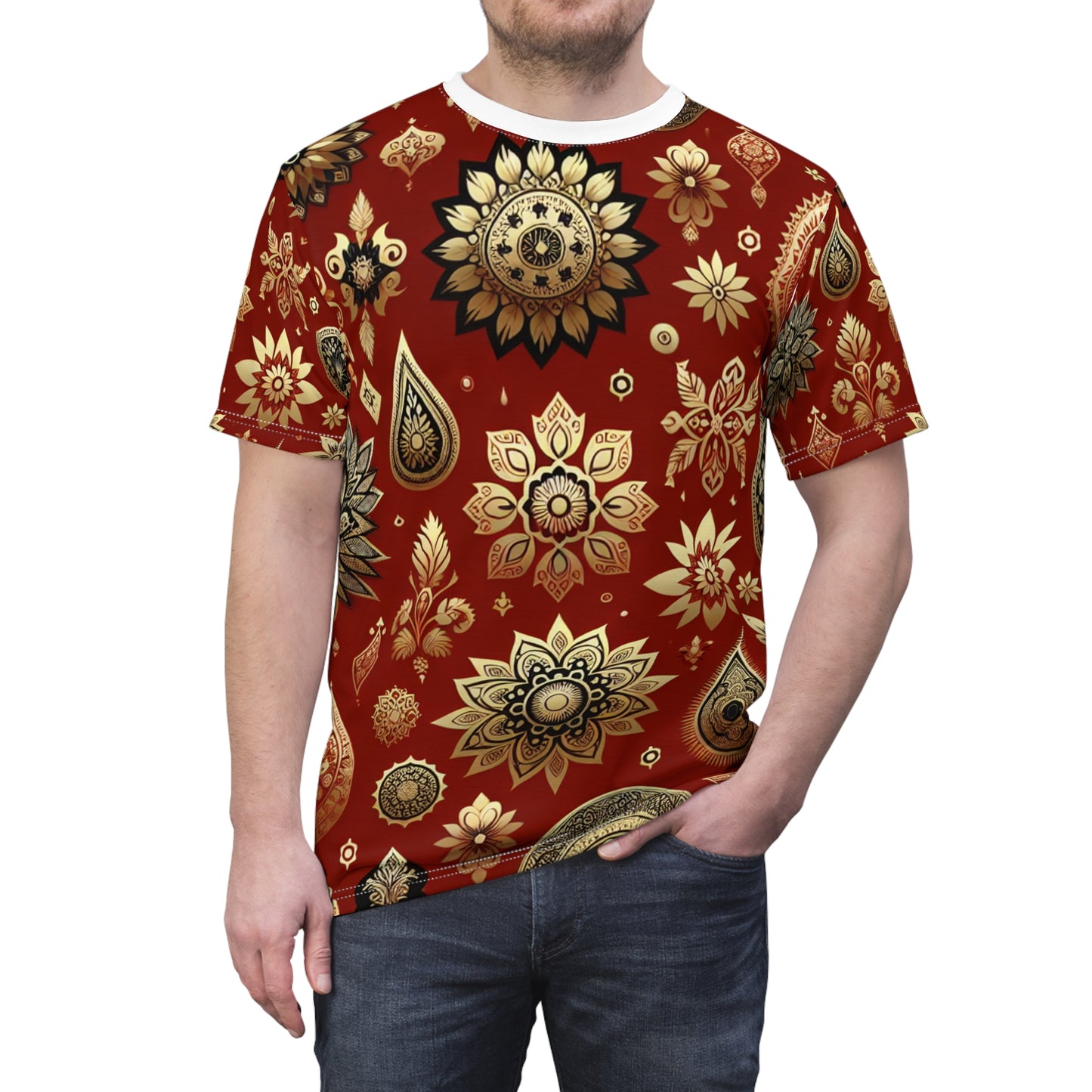 Traditional Indian Motif Collection T-Shirt - Seamless Print with Intricate Floral and Geometric Shapes Subtly Scattered on Vibrant Red