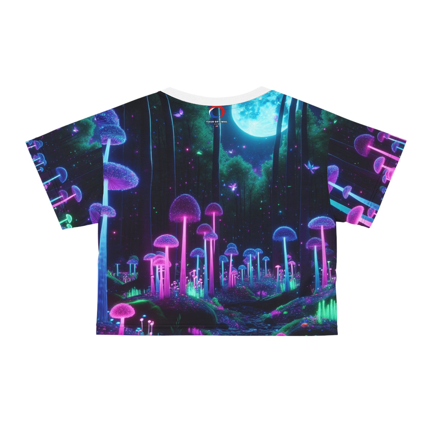 Magical Blacklight-reactive Crop Tee: Moonlit Forest and Neon Mushrooms, UV-glow Plant Life - Women's Blacklight-Reactive Tee