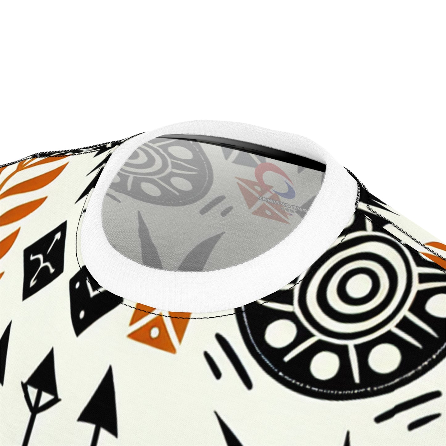 Modern African Artistry Tee: Monochromatic Spearhead & Shield Pattern + Orange Accents - African Tribal Pattern-Inspired