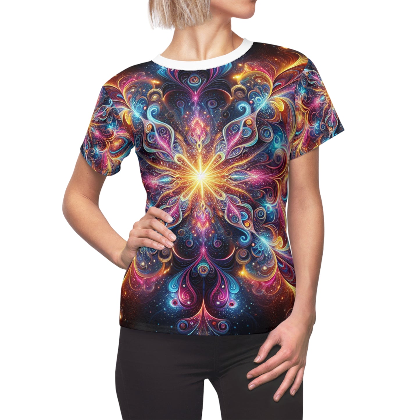 Psychedelic Mandala Women's T-Shirt - Cosmic Blue, Pink, Orange & Yellow Radiant Design on Dark Backdrop - Women's Trippy Tee