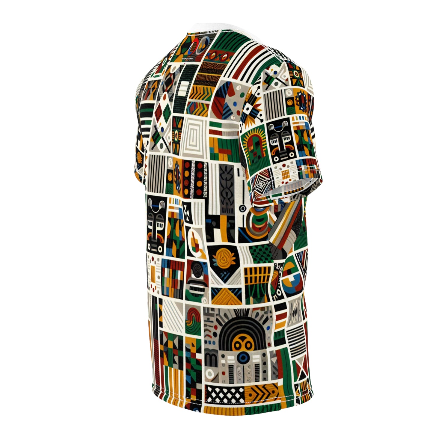Pan-African Pride T-shirt: Bold Geometric & Cultural Symbols in Vibrant Kente Collage - African Tribal Pattern-Inspired Tee