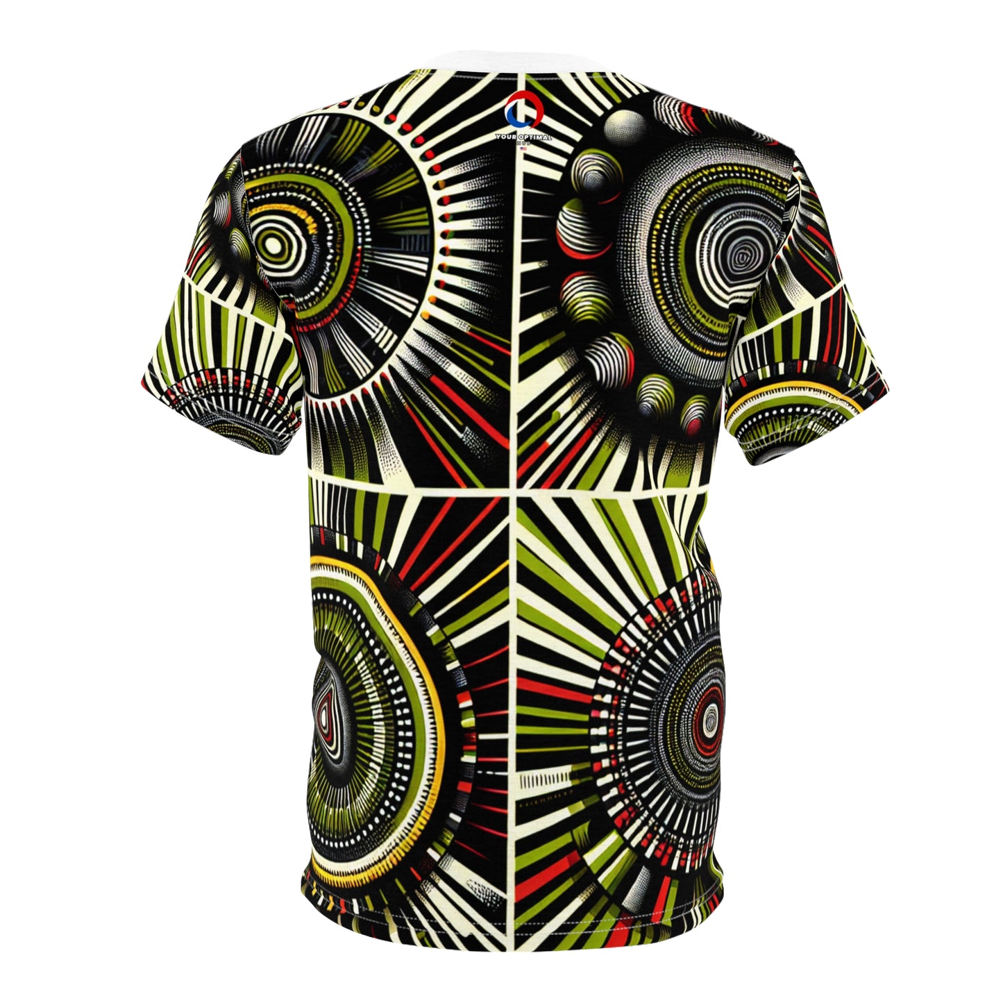 African Rhythm Dance T-Shirt: Vibrant Drum-Centric Celebration in Green & Red - African Tribal Pattern-Inspired Tee