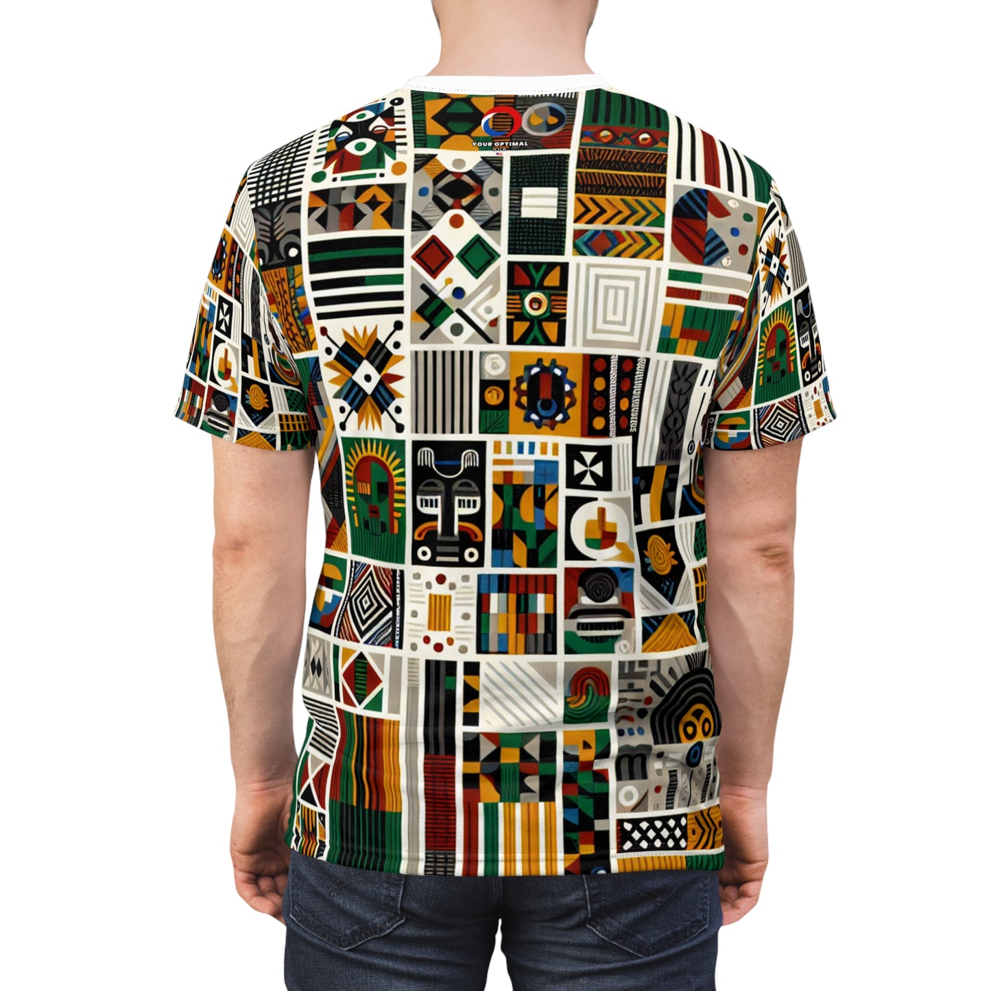 Pan-African Pride T-shirt: Bold Geometric & Cultural Symbols in Vibrant Kente Collage - African Tribal Pattern-Inspired Tee