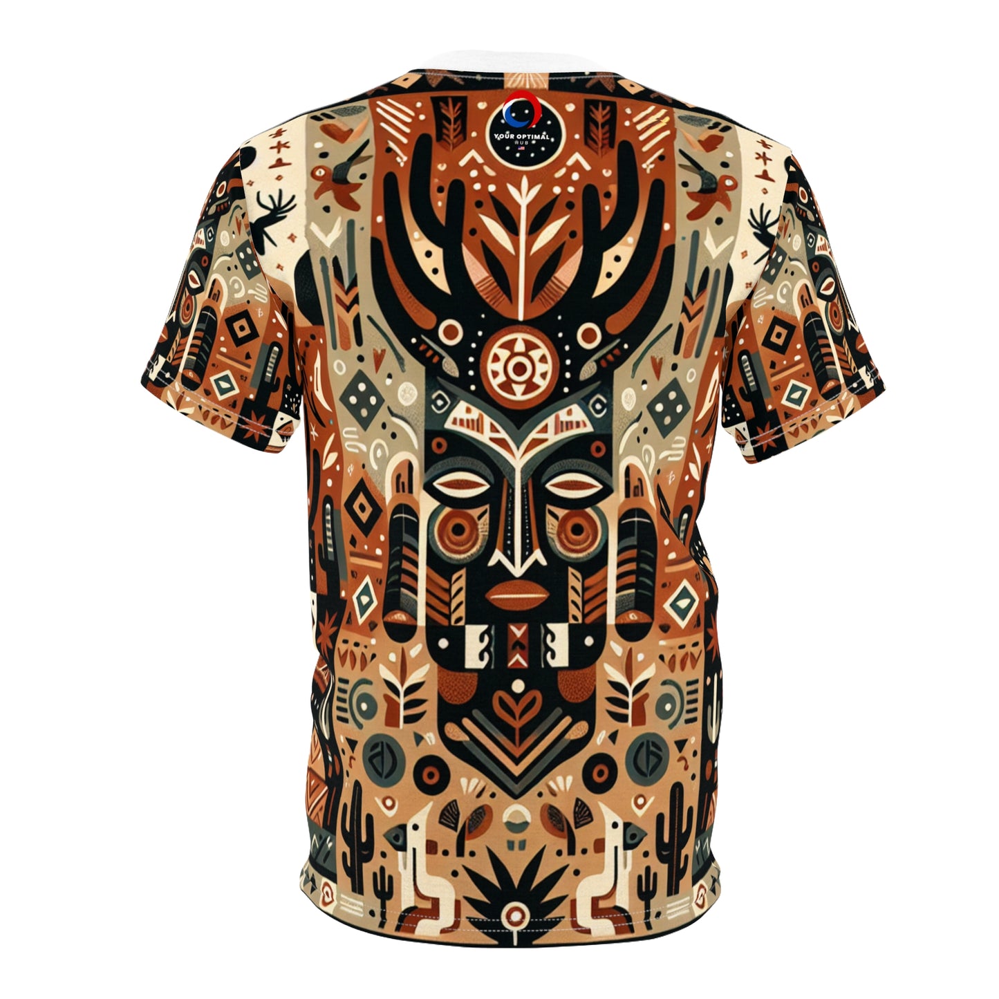African-Desert Fusion Tee: Tribal Totem and Southwest Nature Tapestry in Earthy Tones - African Tribal Pattern-Inspired